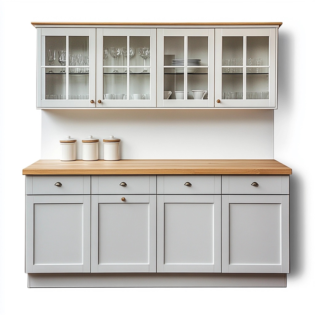 Mueble de cocina de pared y suelo con encimera de madera, armario y vitrinas, blanco y gris, ideal para comedor PH8019294