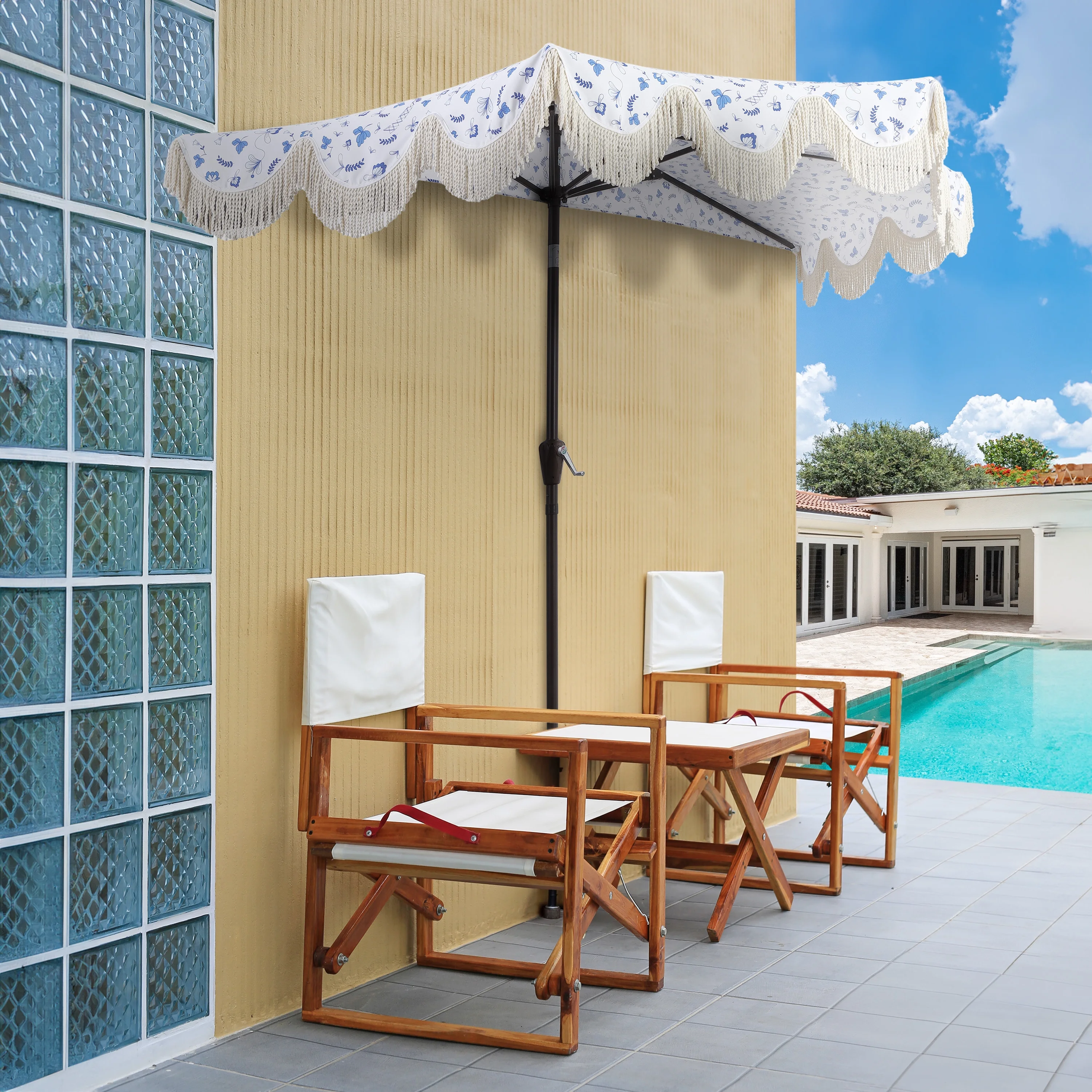 JONATHAN Y Beverly 9 ft. Half Market Patio Umbrella, Designer Classic Scalloped Fringe with Crank, Tilt Button and UV Protection, Blue/White/Cream, Dark Brown Pole - Image 2