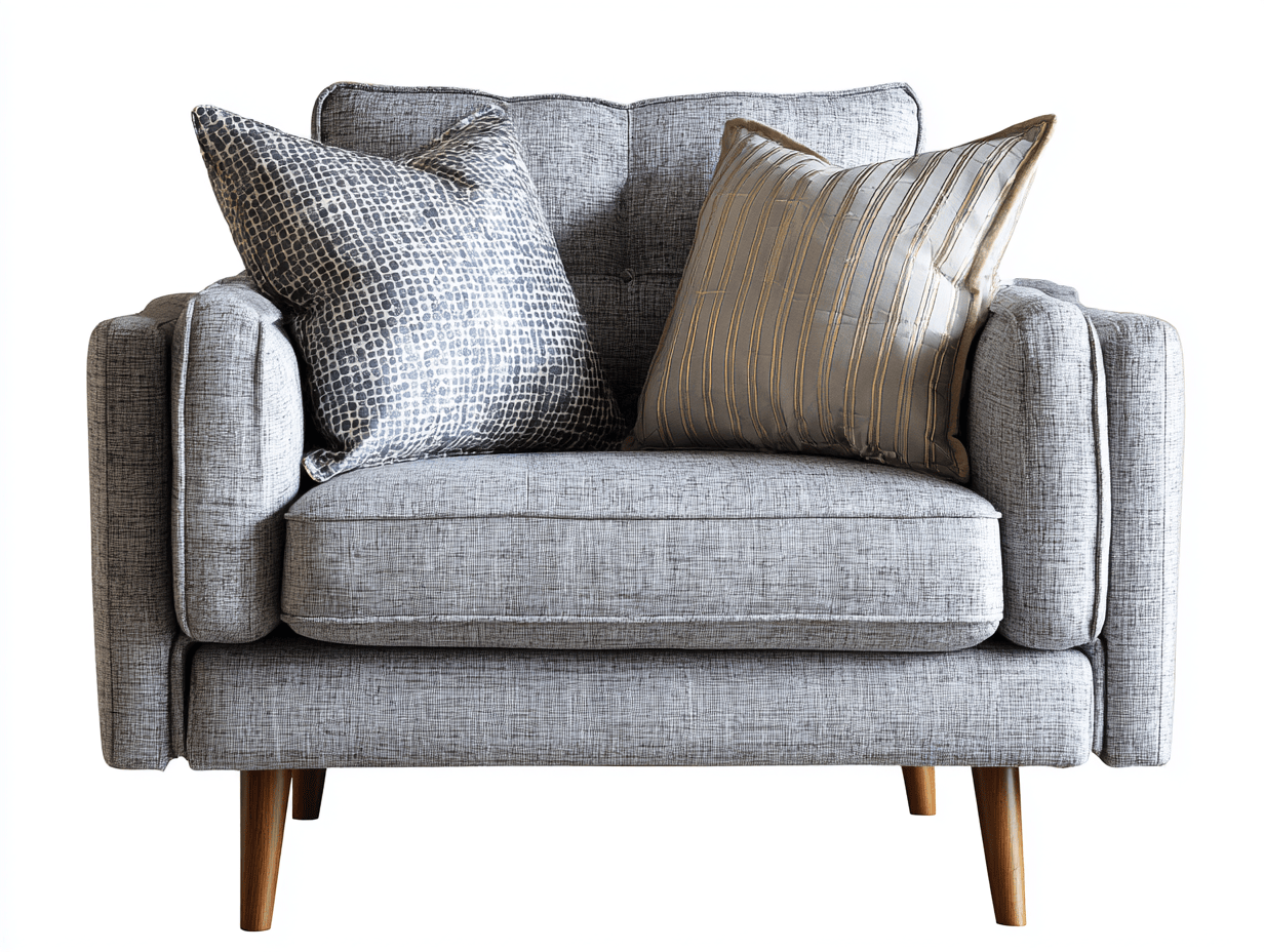 Sillón individual tapizado en tela – gris – con dos cojines decorativos