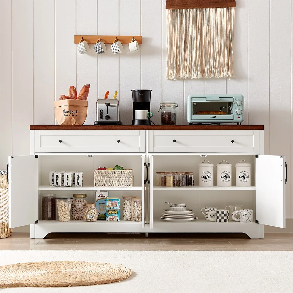 TrumanPick 61"H Large Buffet Sideboard Cabinet, TV Cabinet, Kitchen Pantry for Dining Room, Living Room, 61.3''L x 15''W x 29.8''H, White/Walnut - Image 2