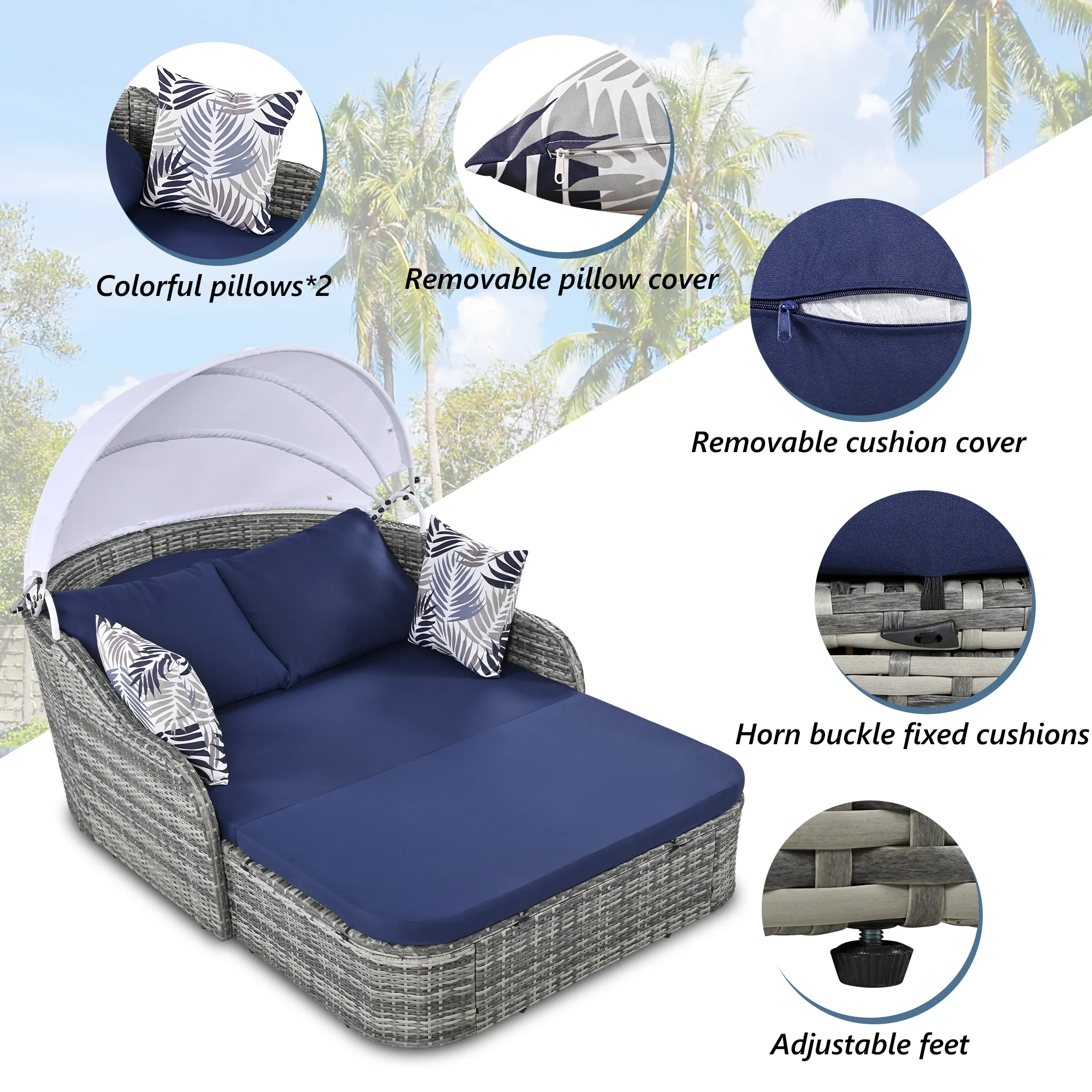 Harper & Bright Designs Rattan Outdoor Double Lounge Chaise 2-Person PE Wicker Outdoor Patio Sunbed with Canopy Cover for Backyard Garden Balcony, Beige+Black - Image 82
