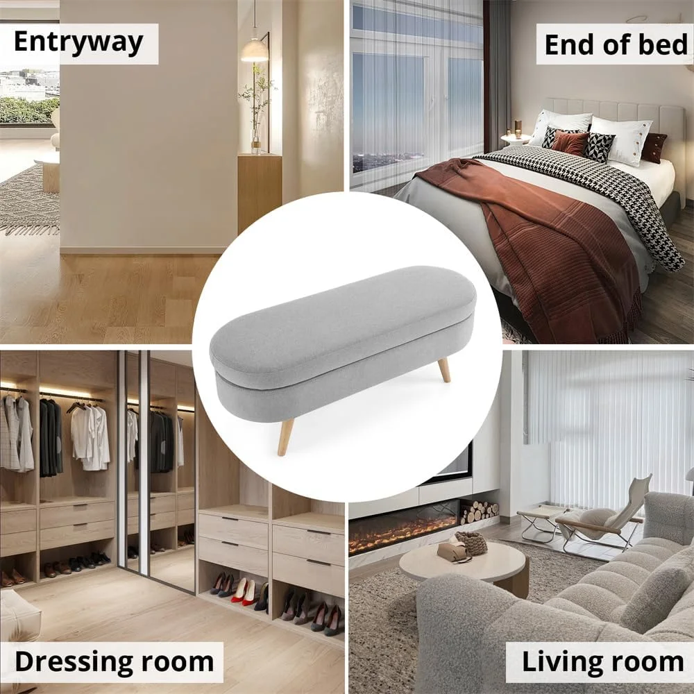 Sumdeal 43.5" Storage Ottoman Bench with 250lb Seating, Linen Upholstered Wood Legs Safety Hinge Flip Top Oval Foot Rest Long Stool for Sofa Couch Bedroom End of Bed Living Room Entryway, White - Image 60