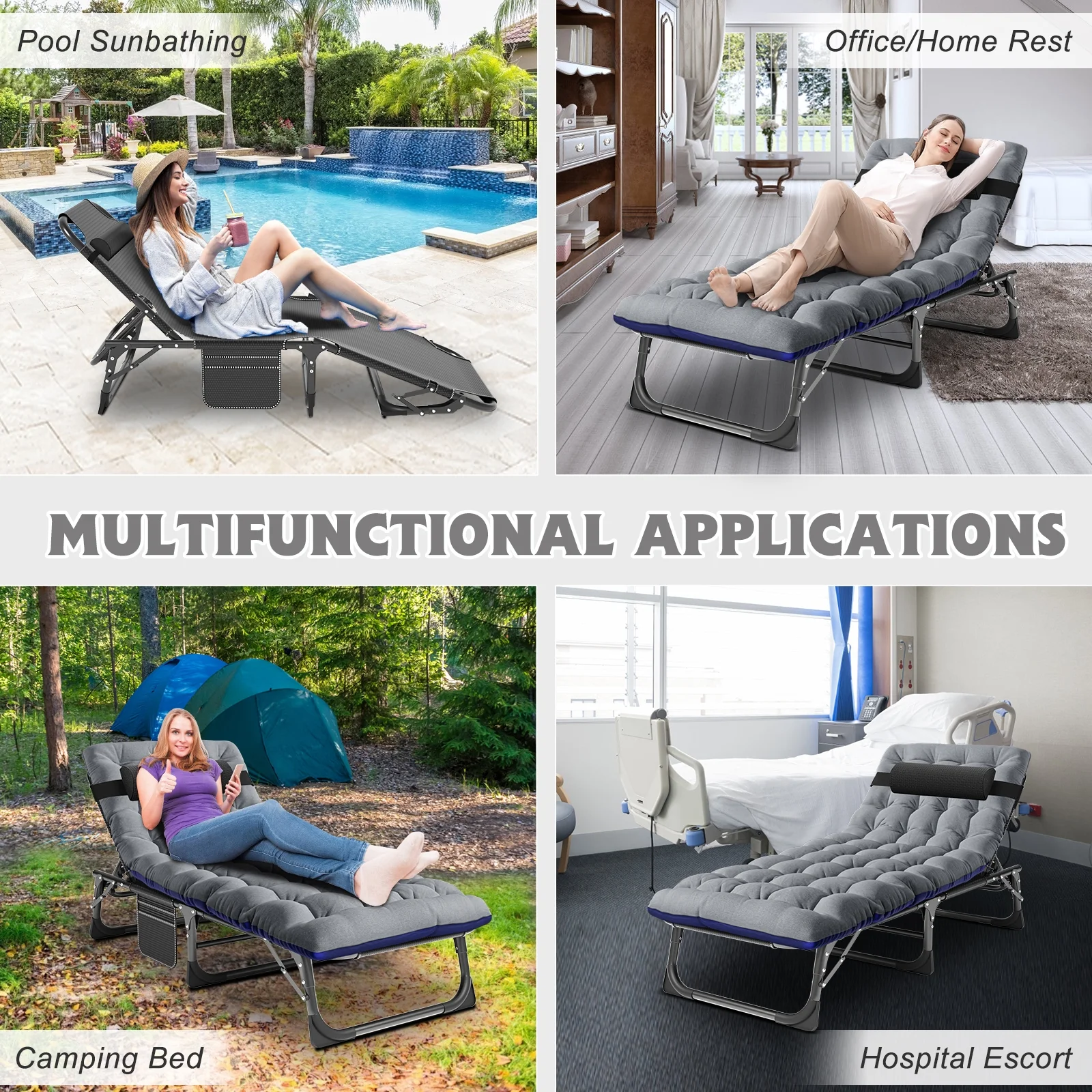 MOPHOTO Lounge Chair with Mattress, Outdoor Chaise Lounge Support 440 Lbs, Adjustable Portable Heavy Duty Sleeping Cots Bed for Camping, Pool, Beach, Patio - Image 31