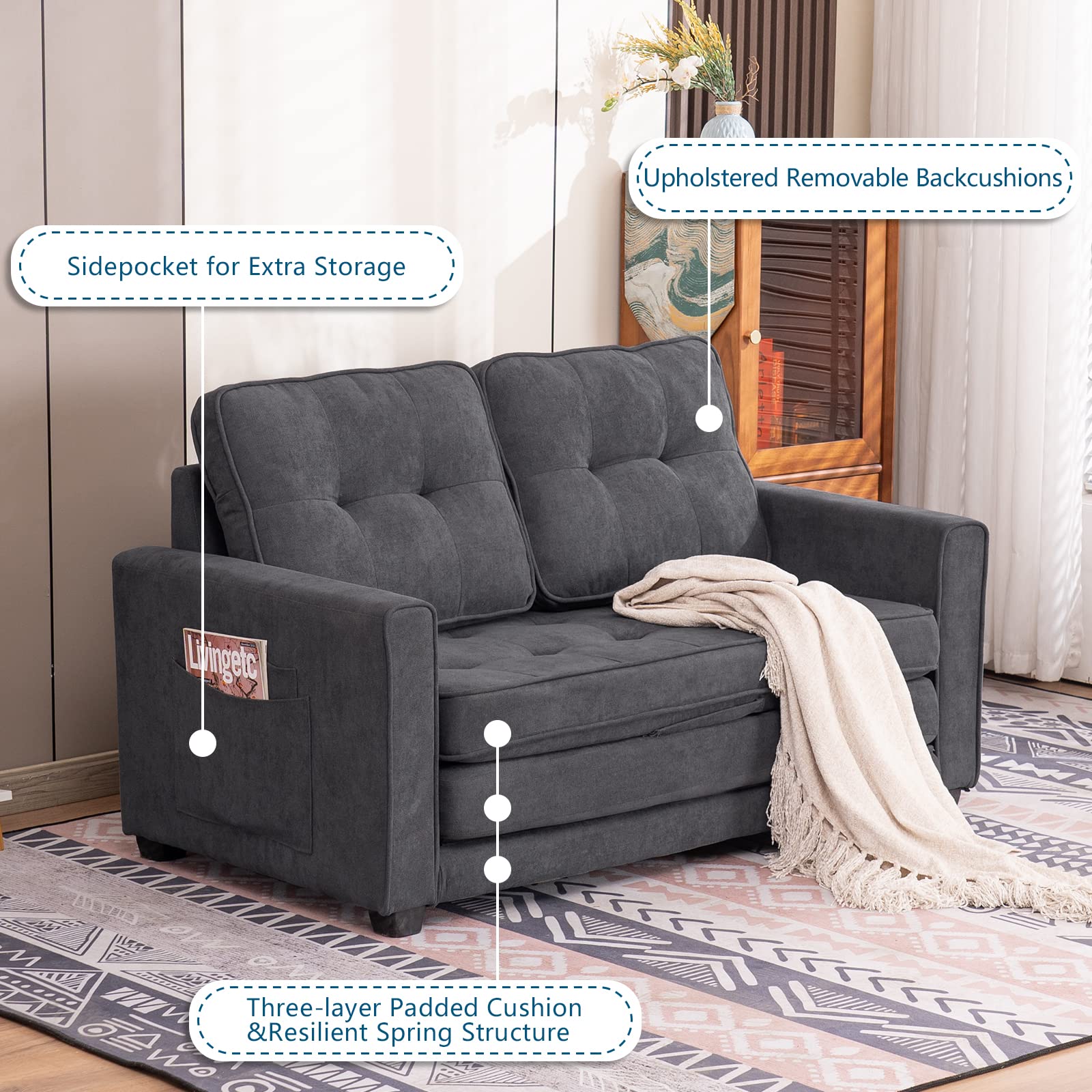80in Loveseat Sleeper Convertible Loveseat Sofa Bed Black/Navy Blue/Dark Grey/Light Grey/Teal Blue