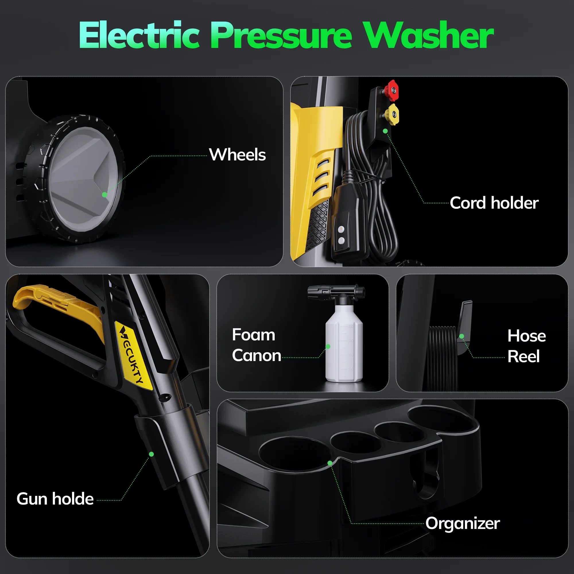 VECUKTY Electric Pressure Washer,3700 PSI Max 2.5 GPM Power Washer with 35FT Cord,20FT Hose,4 Quick Nozzles,Foam Cannon for Car Garden Patio - Image 7