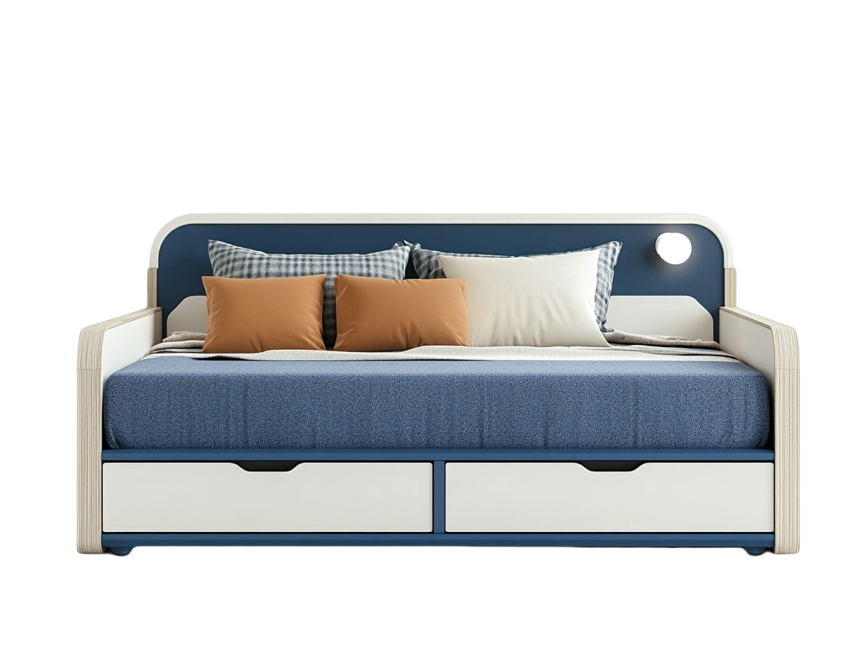 Sofá cama de estilo moderno 200x90 cm con espacio de almacenamiento azul y madera an8694322