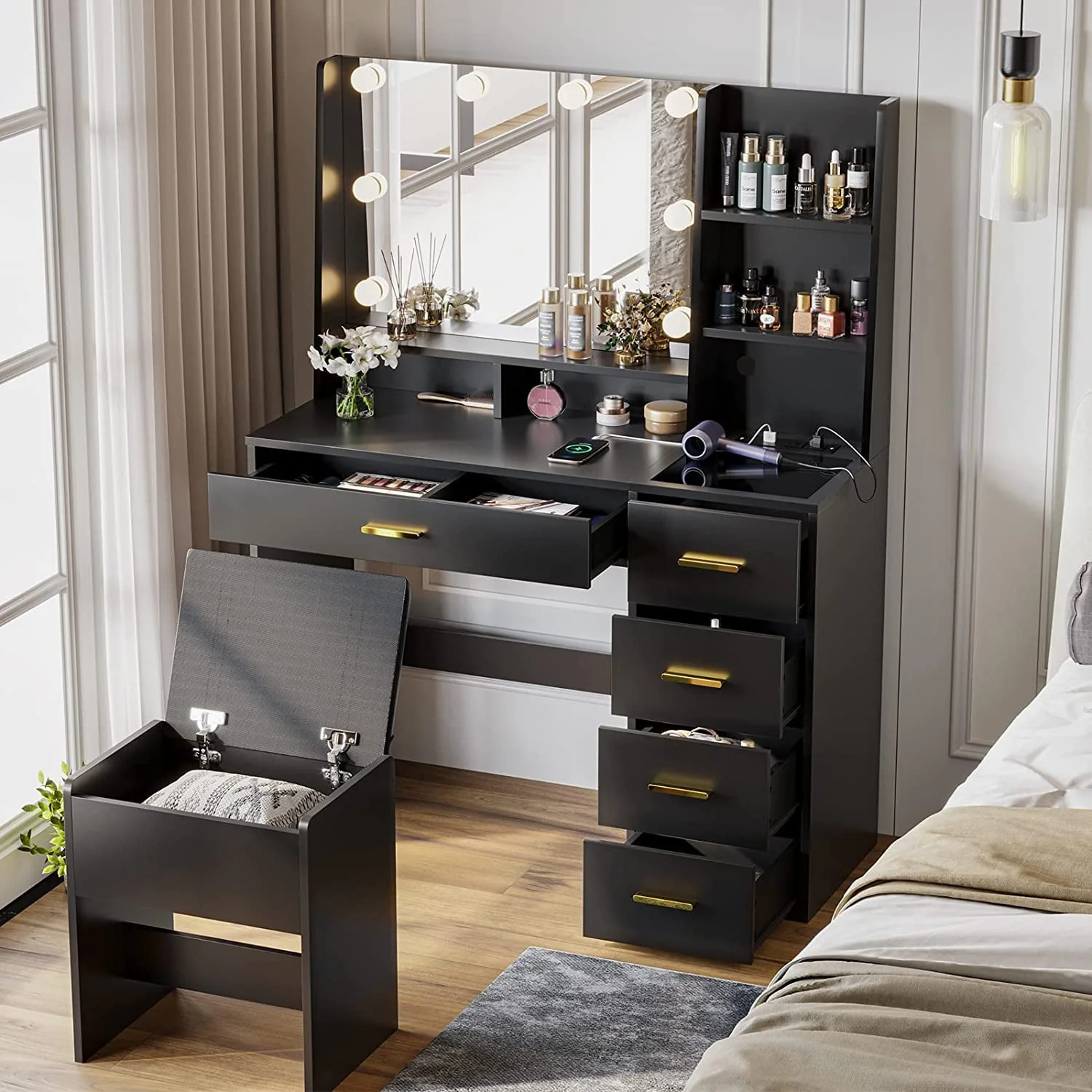 Black Vanity Set with Lights & Charging Station & Cushioned Stool, Modern Makeup Vanity Desk Table with Visible Drawers and Open Storage Shelves for Women Girls - Image 2