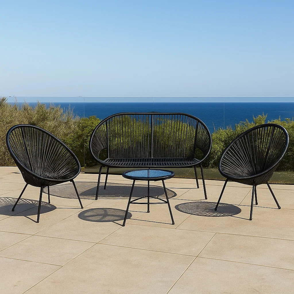 Muebles de salón para jardín,compuesto por 1 sofá,2 sillas,1 mesa,material acero y ratán sintético,color negro,para exterior,sofá 120x70x70 cm,sillas 70x70x70 cm,mesa diámetro 60x45 cm - 1ARDSYgSR5lu