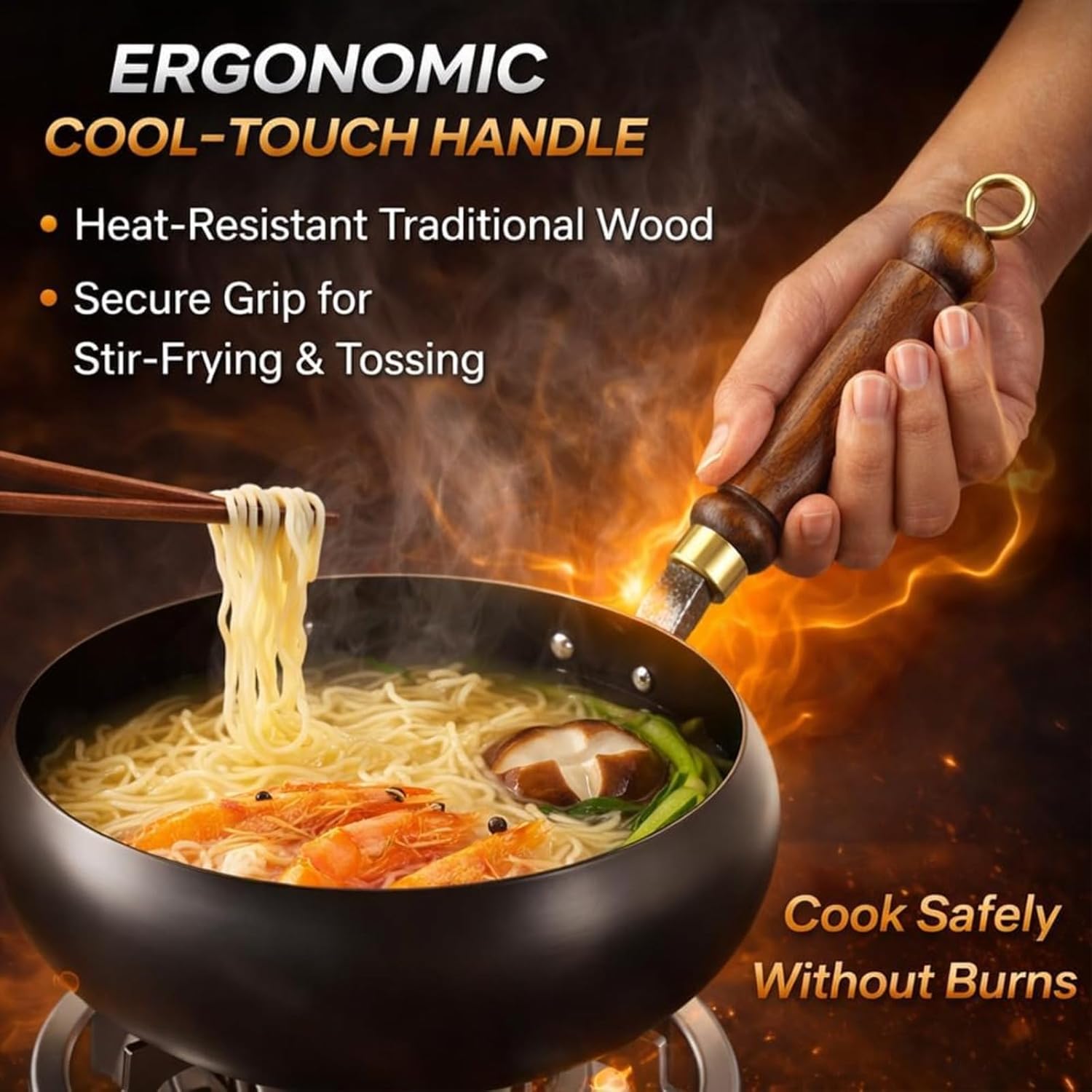 Uncoated Thick Iron Pot, Hand-Forged Japanese Cast Iron Pan with Lid, Non-Stick After Seasoning, Versatile Deep Wok for Frying & Searing, Induction Compatible Cookware (Glass cover,11in)