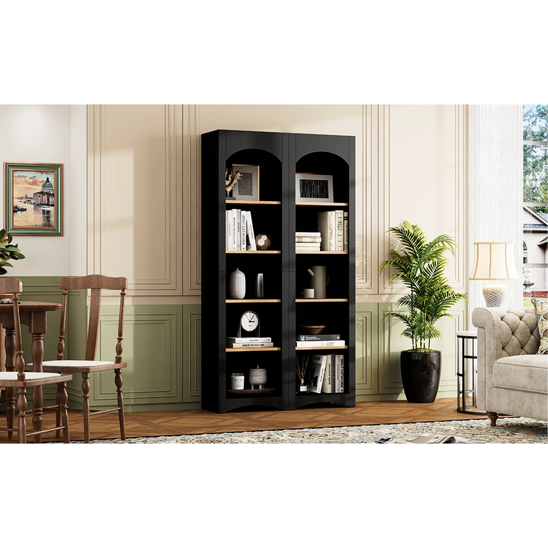 72"h Pantry Pair, 2 , Adjustable Shelves, , Black Finish 2 Bookcase , Cabinet With Vintage Style - Image 6