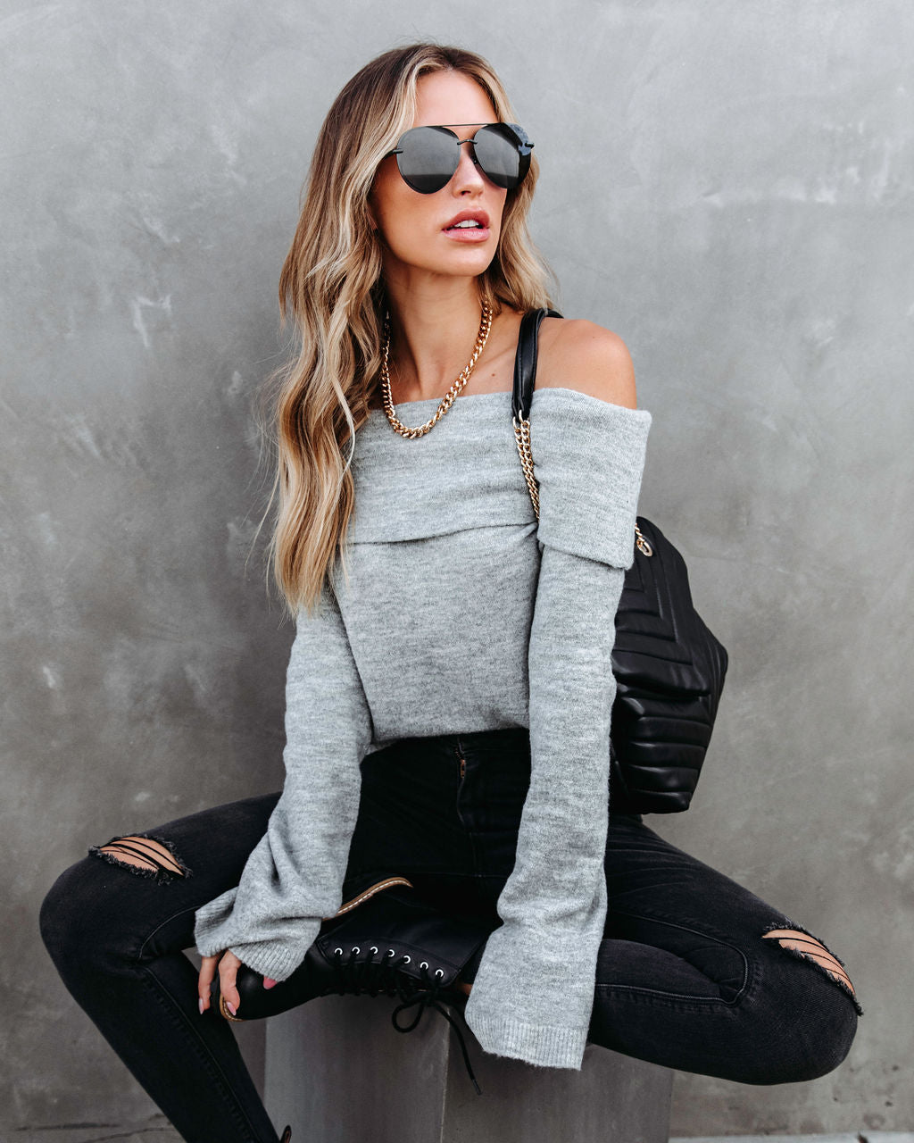 Dreamworld Off The Shoulder Pullover Sweater - Heather Grey - Se7enfashion