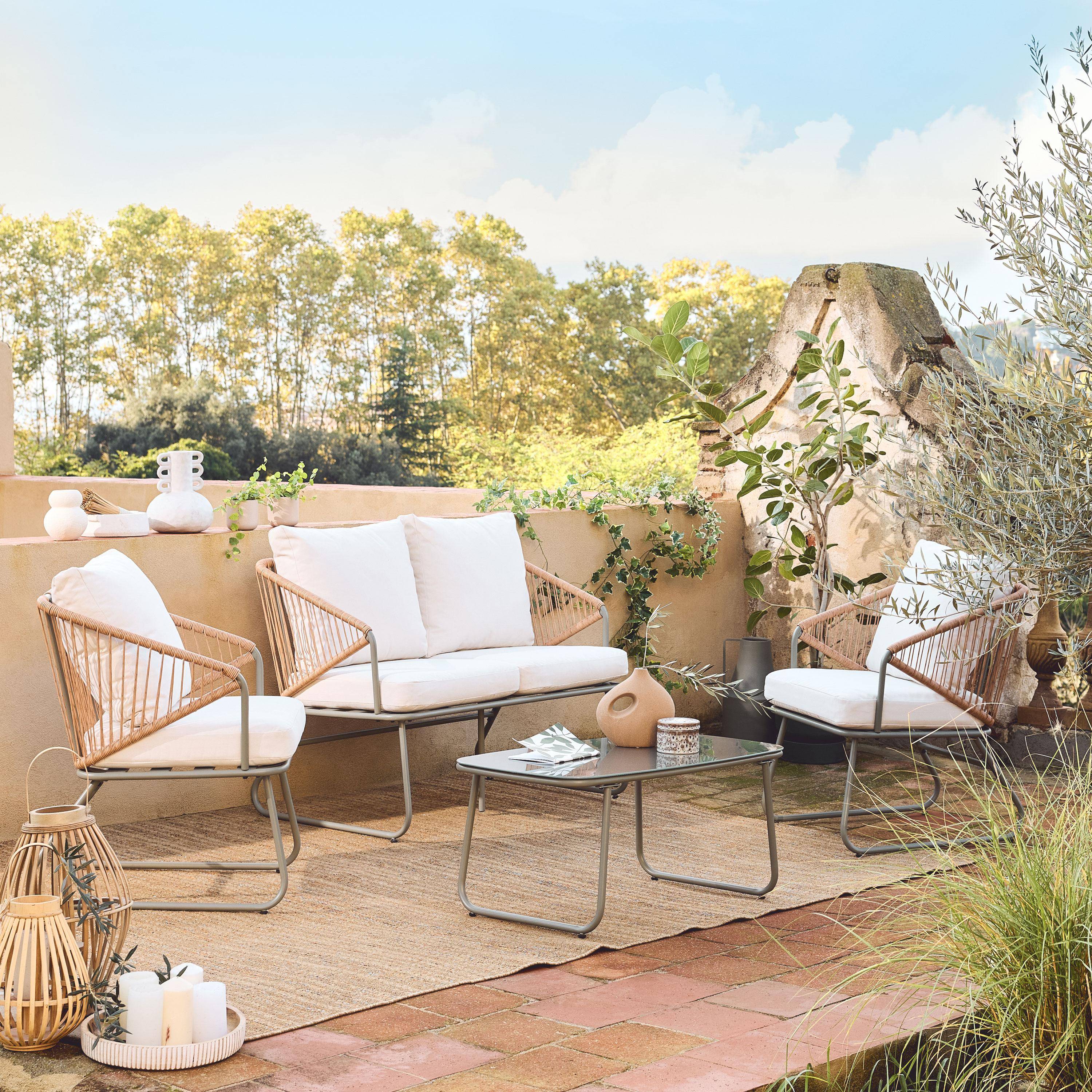 Modena - Conjunto de muebles de jardín en metal y resina natural, 4 plazas