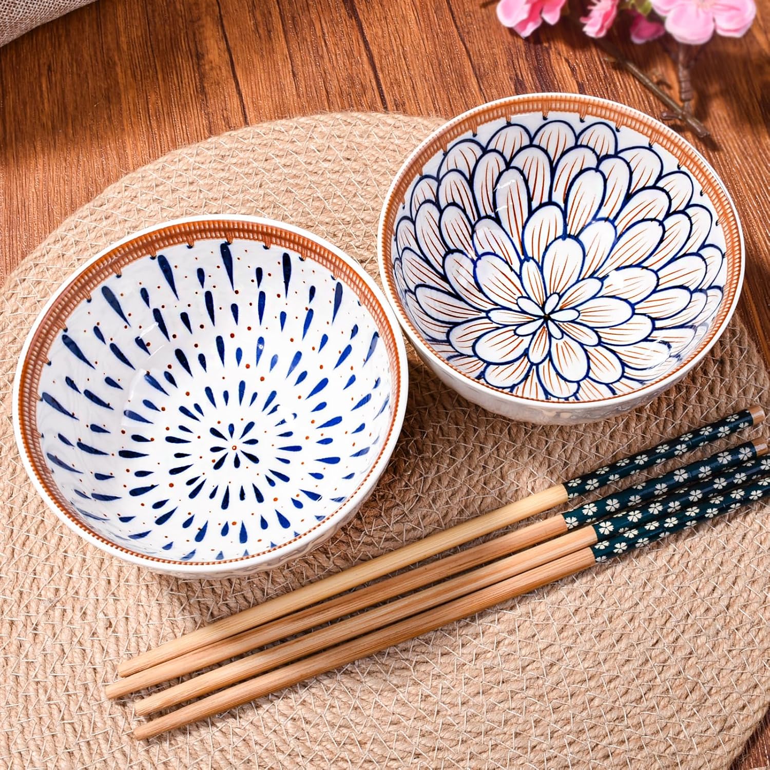 Japanese Ceramic Rice Bowl Set of 2 with Chopsticks, Small Porcelain Bowls for Soup, Grains, Snacks & Side Dishes,Dishwasher & Microwave Safe