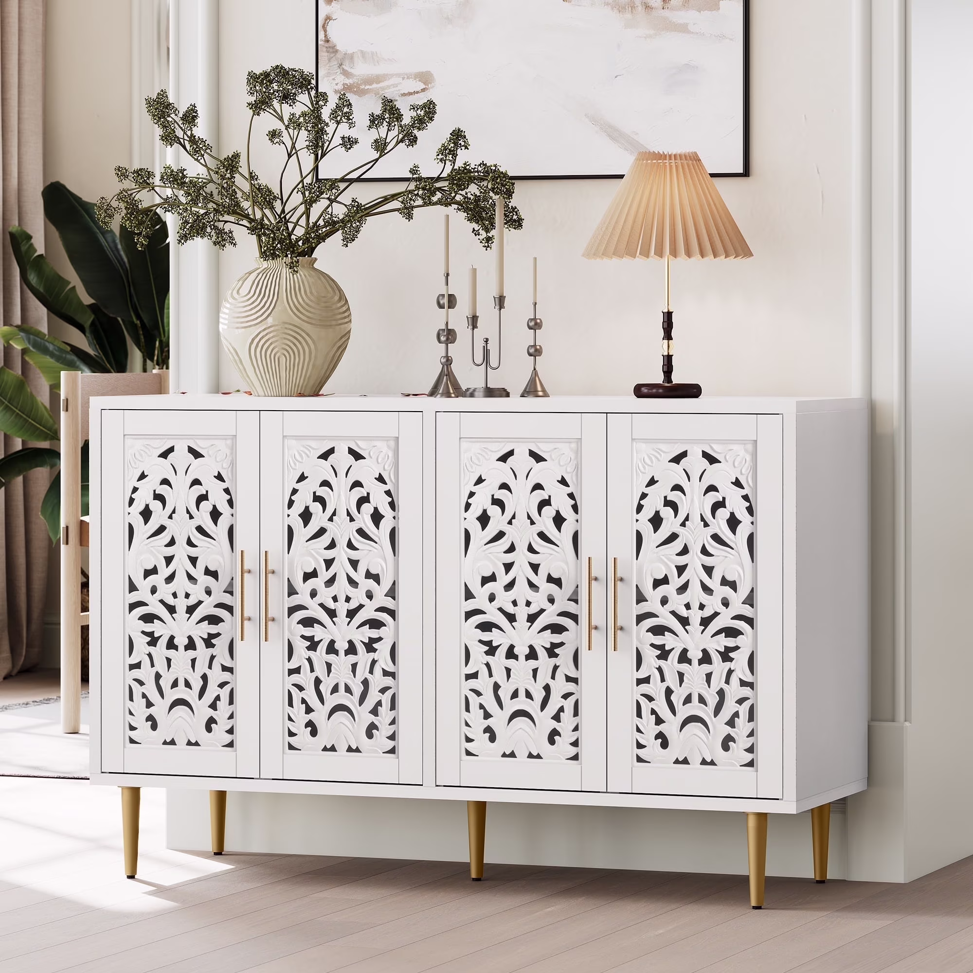 HLR 48" Accent Cabinet with 4 Doors, Vintage Hollow Carving Storage Credenza, Sideboards and Buffets Cabinet for Living Room, Kitchen, Dining Room, Entryway(48"-4door-White)