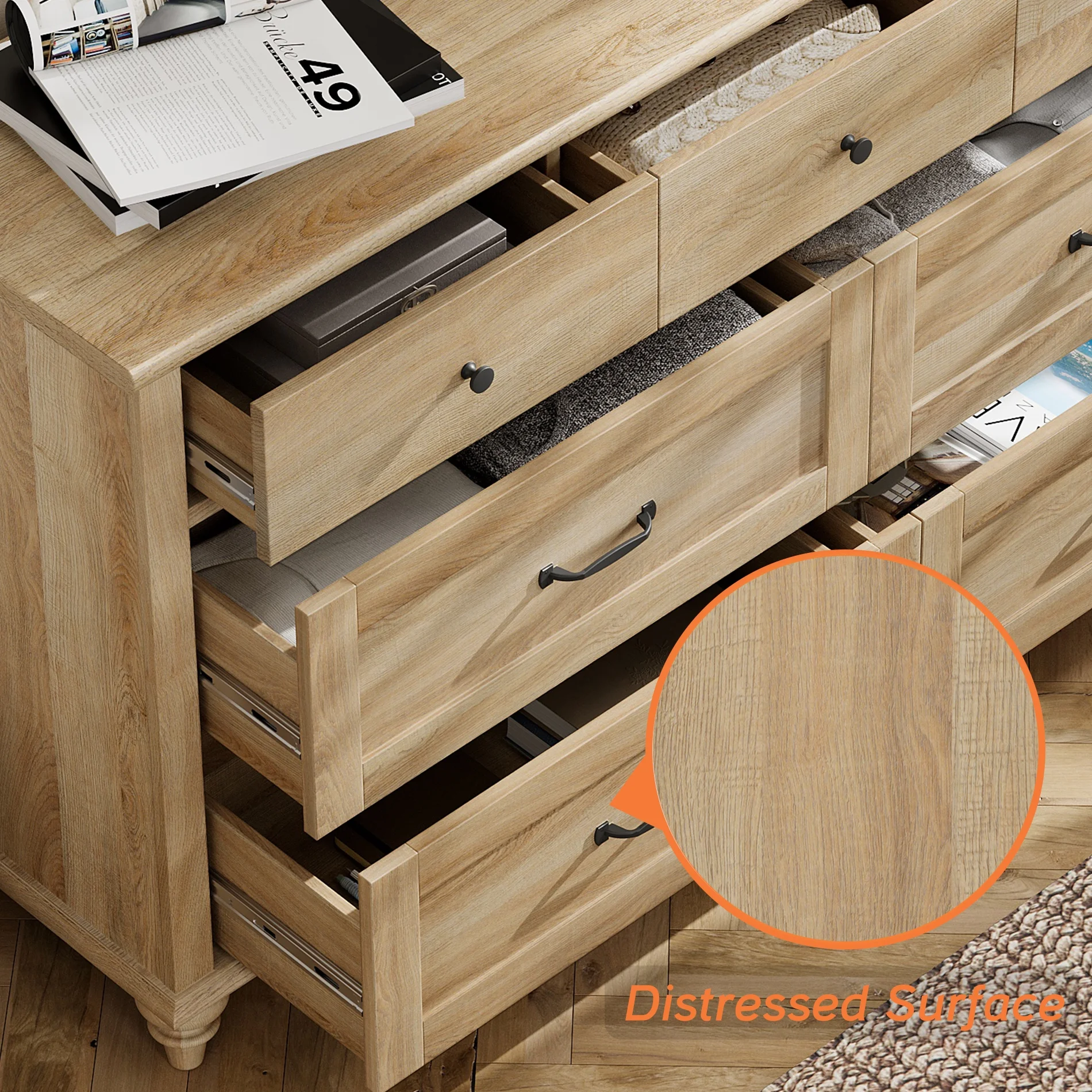 Oak 7 Drawer Dresser for Bedroom, Wooden Chest of Drawers for Living Room - Image 3