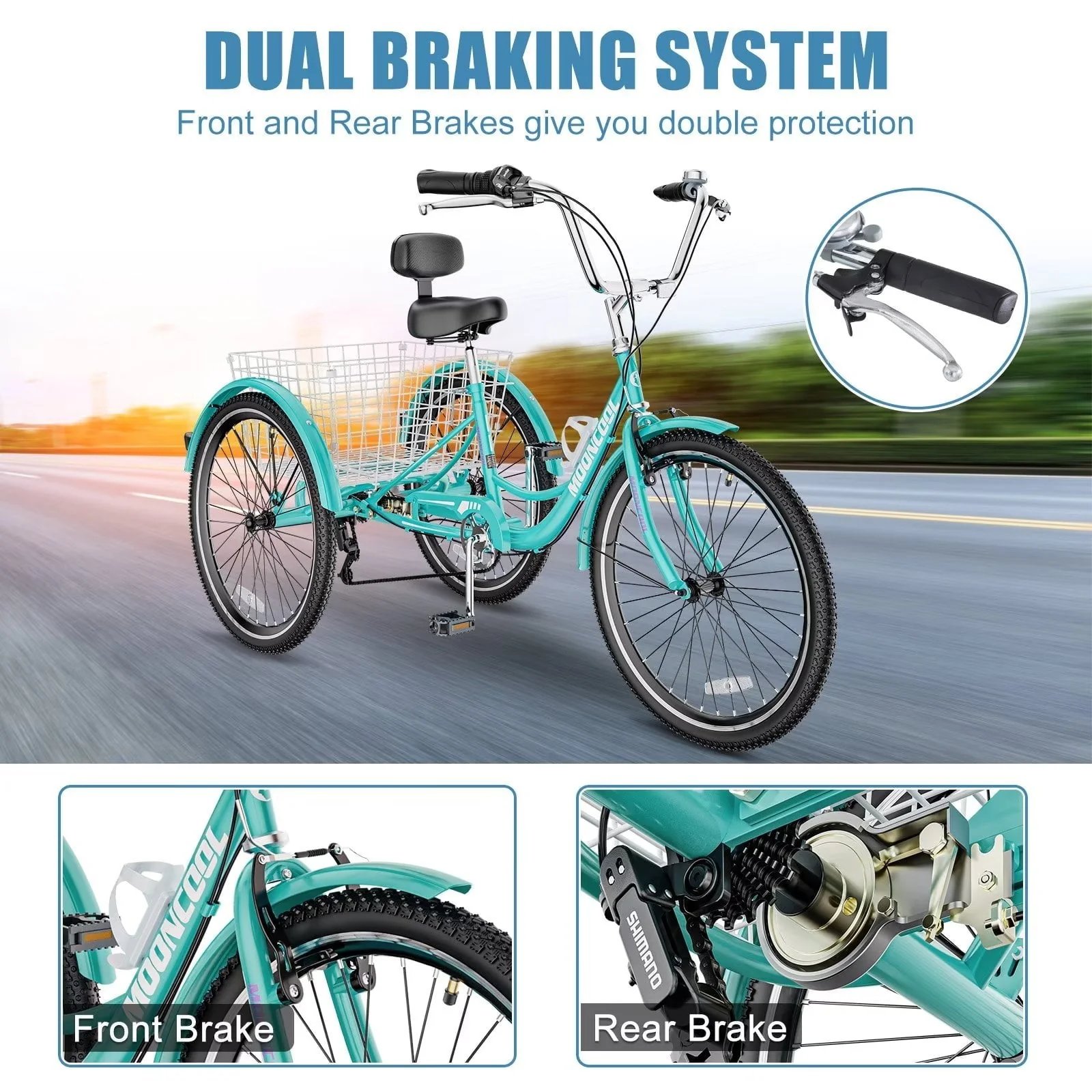 MOPHOTO Adult Tricycle 20/24/26 inch 3 Wheel Bicycle,3 Wheel Bikes for Adults,7 Speed Low Stepover Frame Tricycle with Basket/Bell,3 Wheel Bicycle for Seniors,Women,Men - Image 8