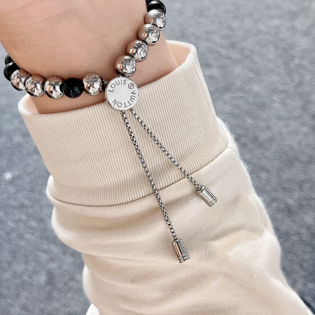 Louis Vuitton Pullable Black and Silver Monogram Beads Bracelet - Original Replica Club