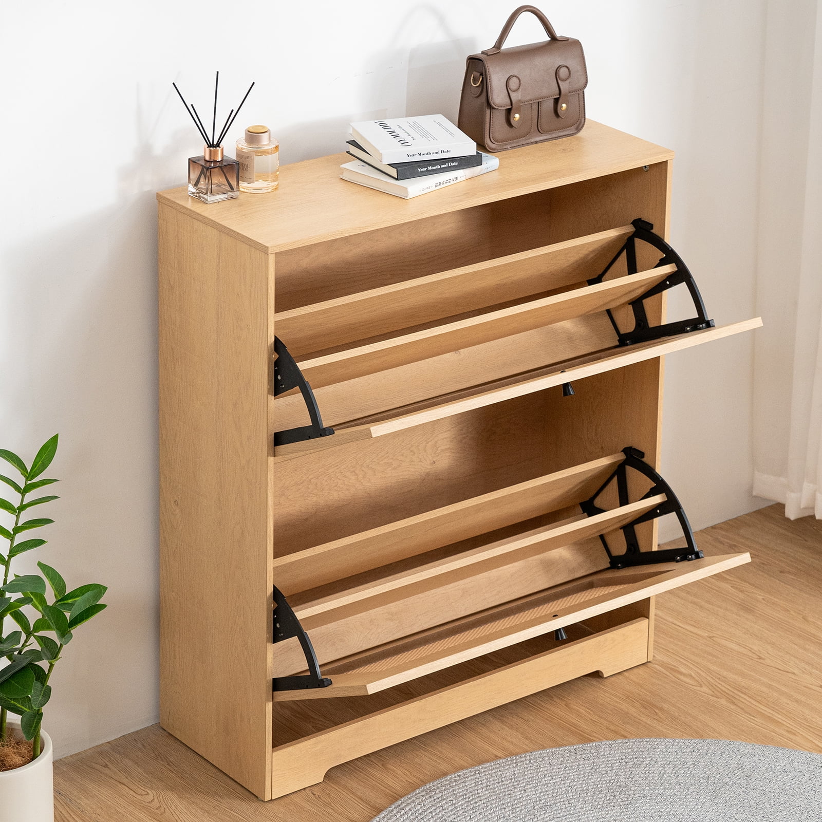 Hommpa Rattan Shoe Cabinet with 2 Flip Drawers & Adjustable Shelves 5 Tier Freestanding Tipping Bucket Shoes Storage Closet for 16 Pairs Narrow Console Table Modern Boho Entryway Shoe Rack Organizer - Image 13