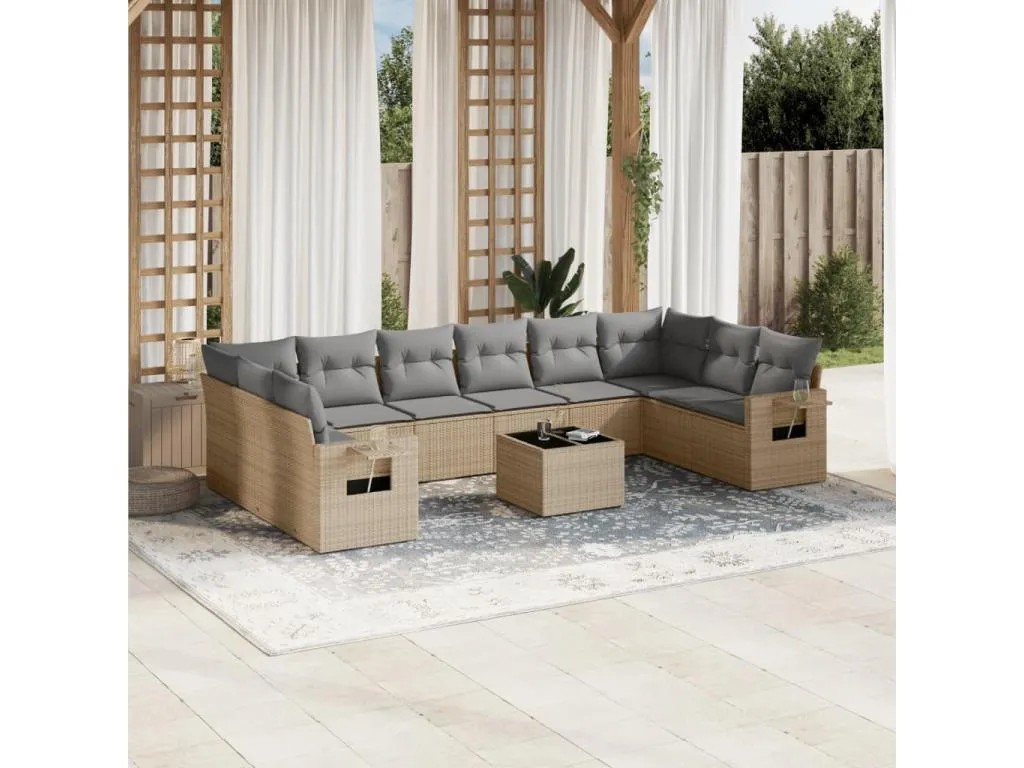Set de sofás de jardín 11pzas con cojines ratán sintético beige qxmv80652
