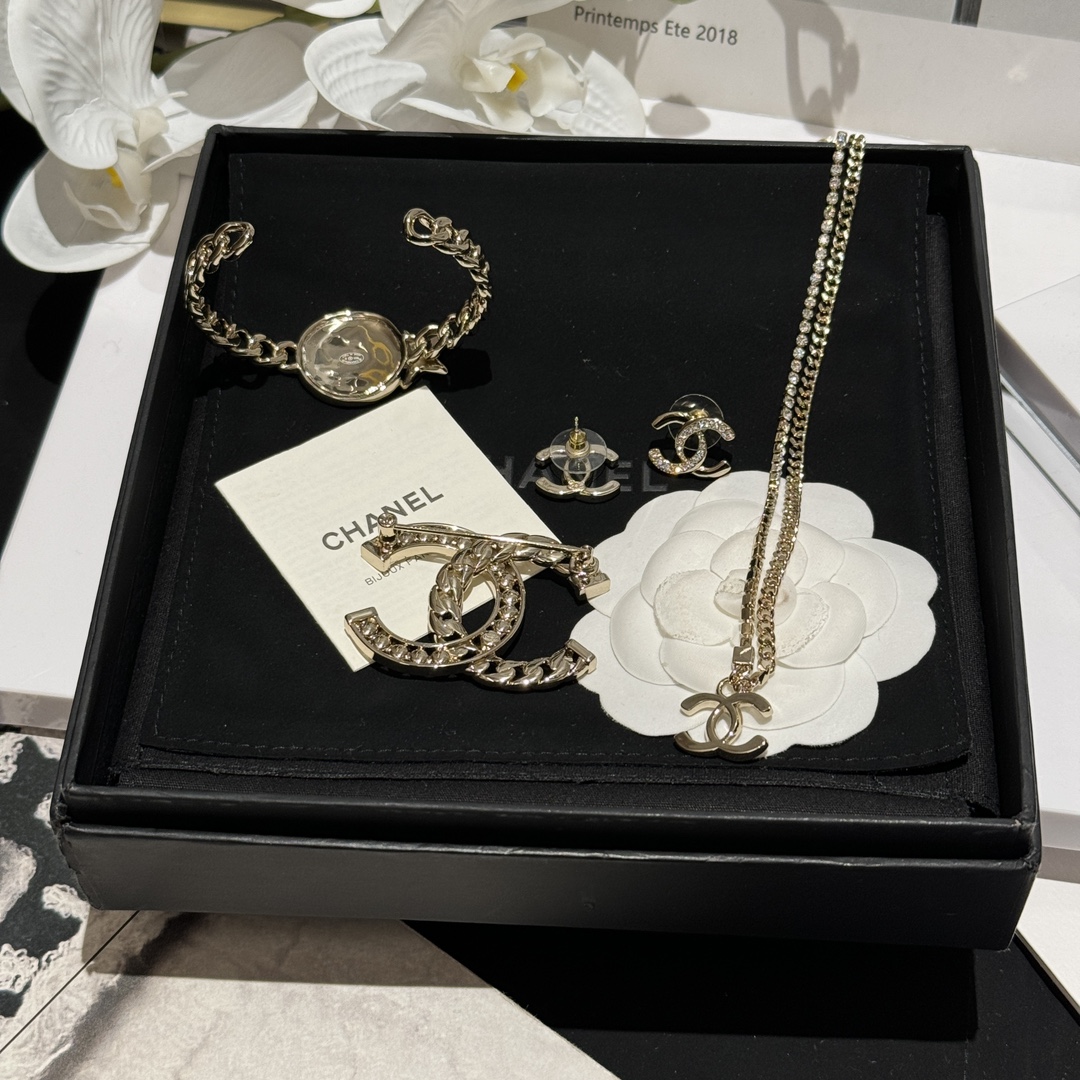 Chanel Light Gold CC Brooch Bracelet Bangle Earrings Necklace - Original Replica Club