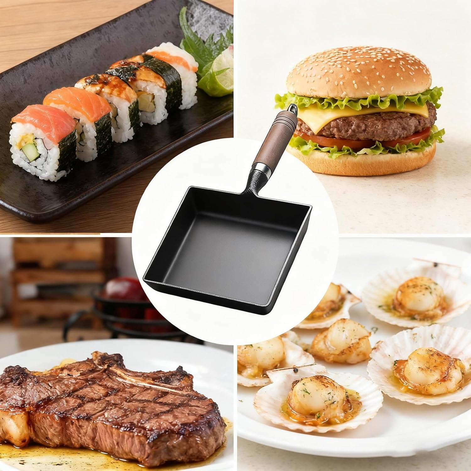 OUKENS Japanese Cast Iron Tamagoyaki Pan Nonstick, Multifunctional Square Japanese Egg Pan, Detachable Wood Handle, Oven Safe, for Omelets, Steak and Camping,6.1 x 7.3 Inch