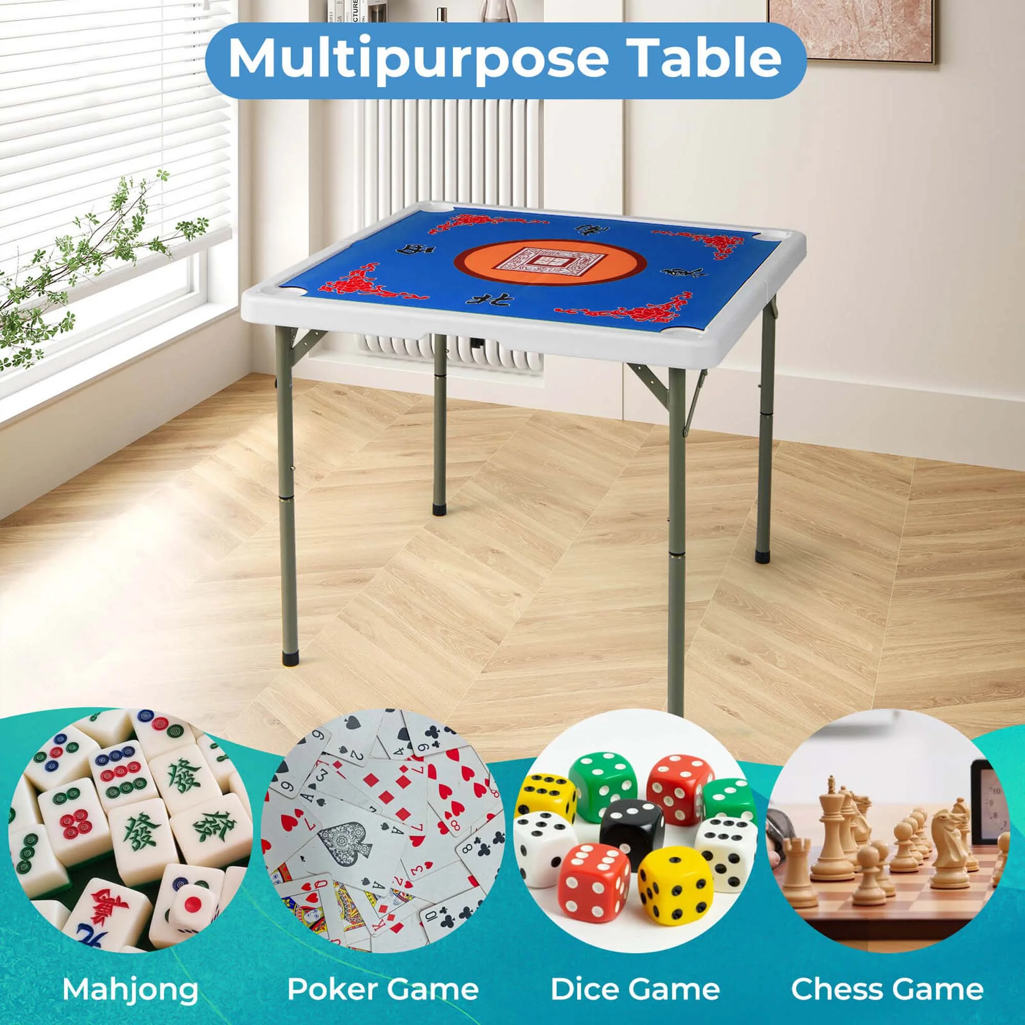 Costway 35" Folding Mahjong Table with Cup Holders & Smooth Felt Mat Carrying Handle Green - Image 26