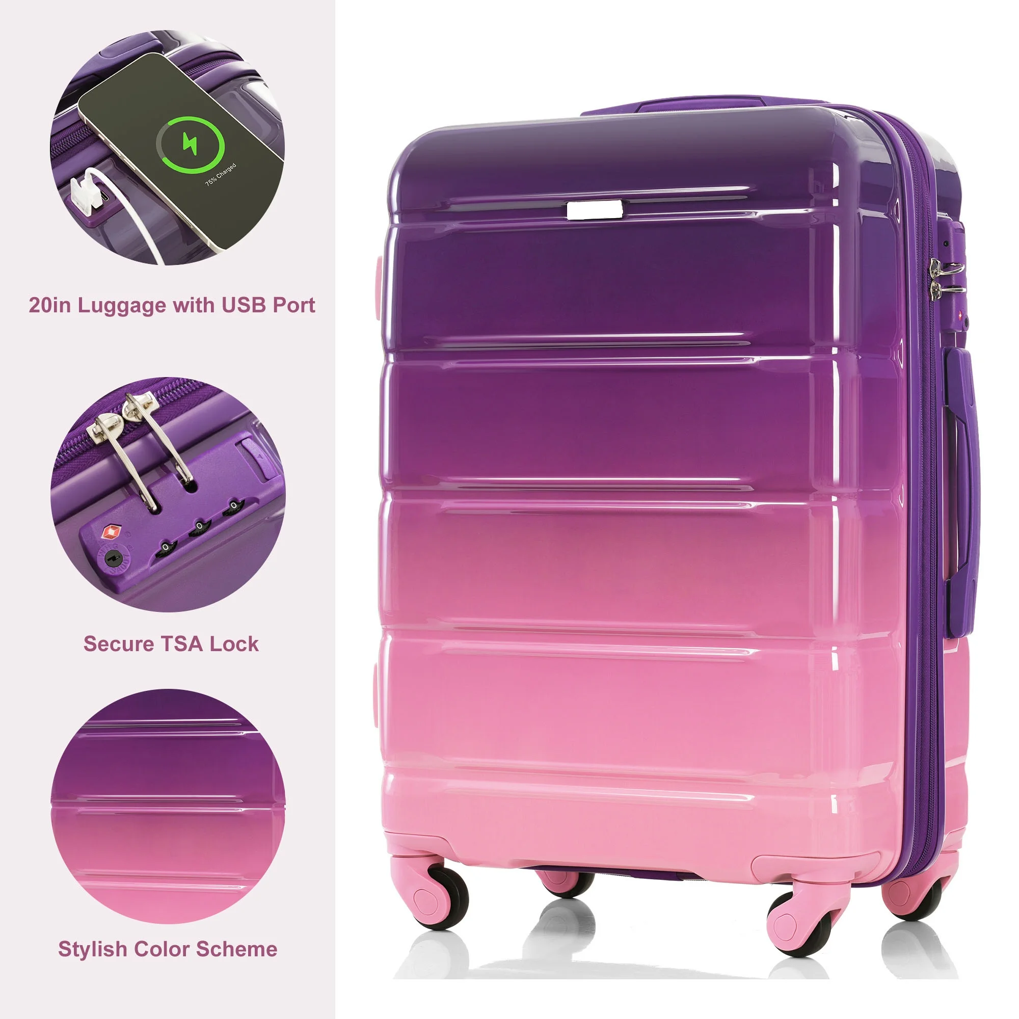 PAPROOS 3-Piece Luggage Set (20''/24''/28''), Hardshell Lightweight Suitcase with USB Port and Side Hooks, Travel Luggage with TSA-Lock, Hardside Rolling Luggage for School, Travel, Pink - Image 35