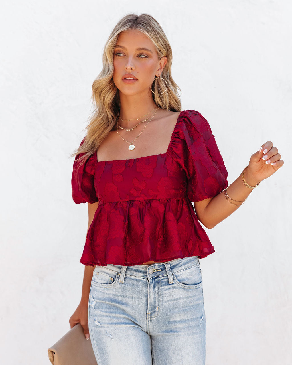 Forbidden Fruit Puff Sleeve Babydoll Top - Burgundy - Se7enfashion