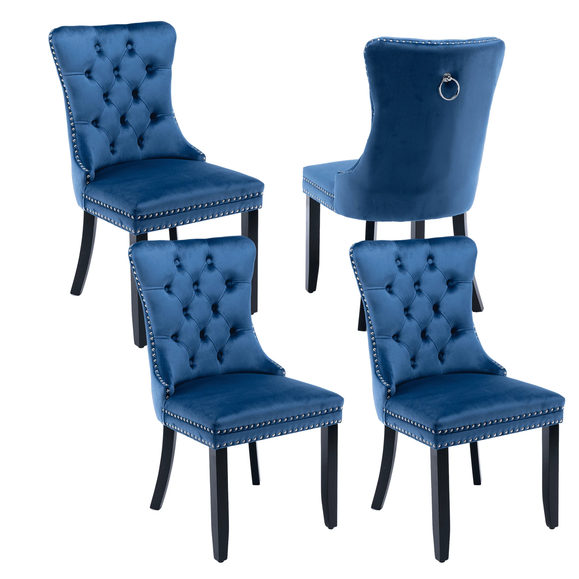 Elegant Button Tufted Dining Chairs, High - End Velvet Upholstered Dining Chairs with Nailhead Back and Ring Pull Trim, Solid Wood Dining Chairs for Kitchen Bedroom Dining Room (Blue, Set of 4)(Set of 8/Black)