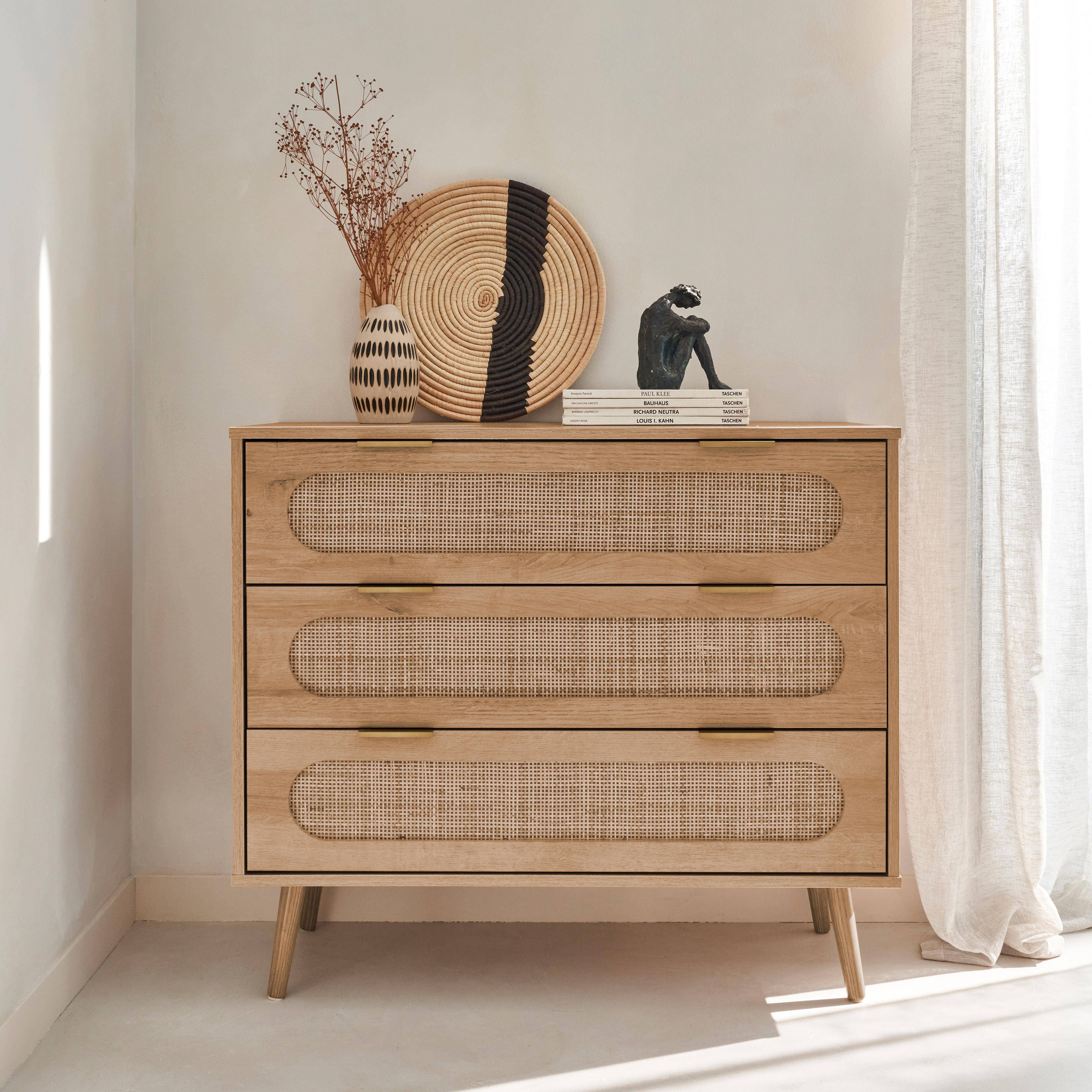 Eva - Cómoda con efecto madera y caña redondeada, 3 cajones