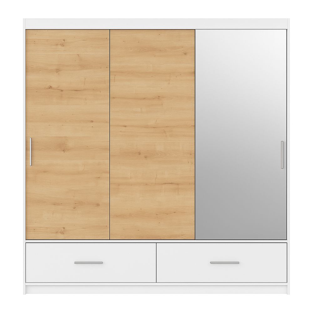 Armario moderno con puertas corredizas de madera,espejo y cajones,diseño funcional y elegante