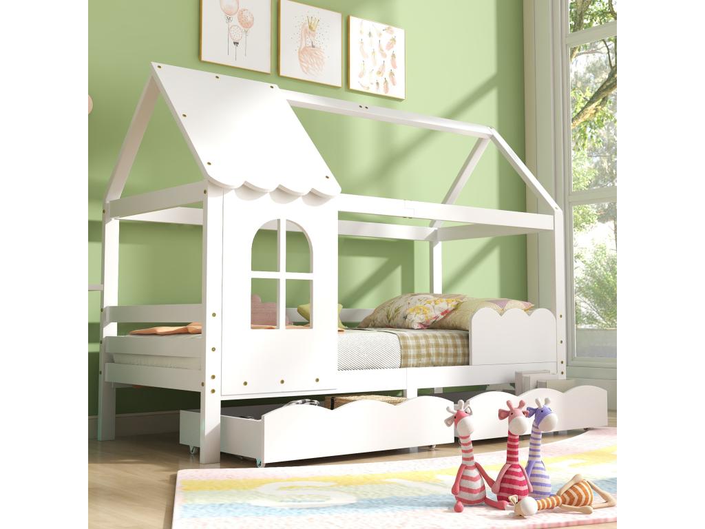 Cama casita infantil con barrera protectora, cajones de almacenamiento, blanco 200x90cm