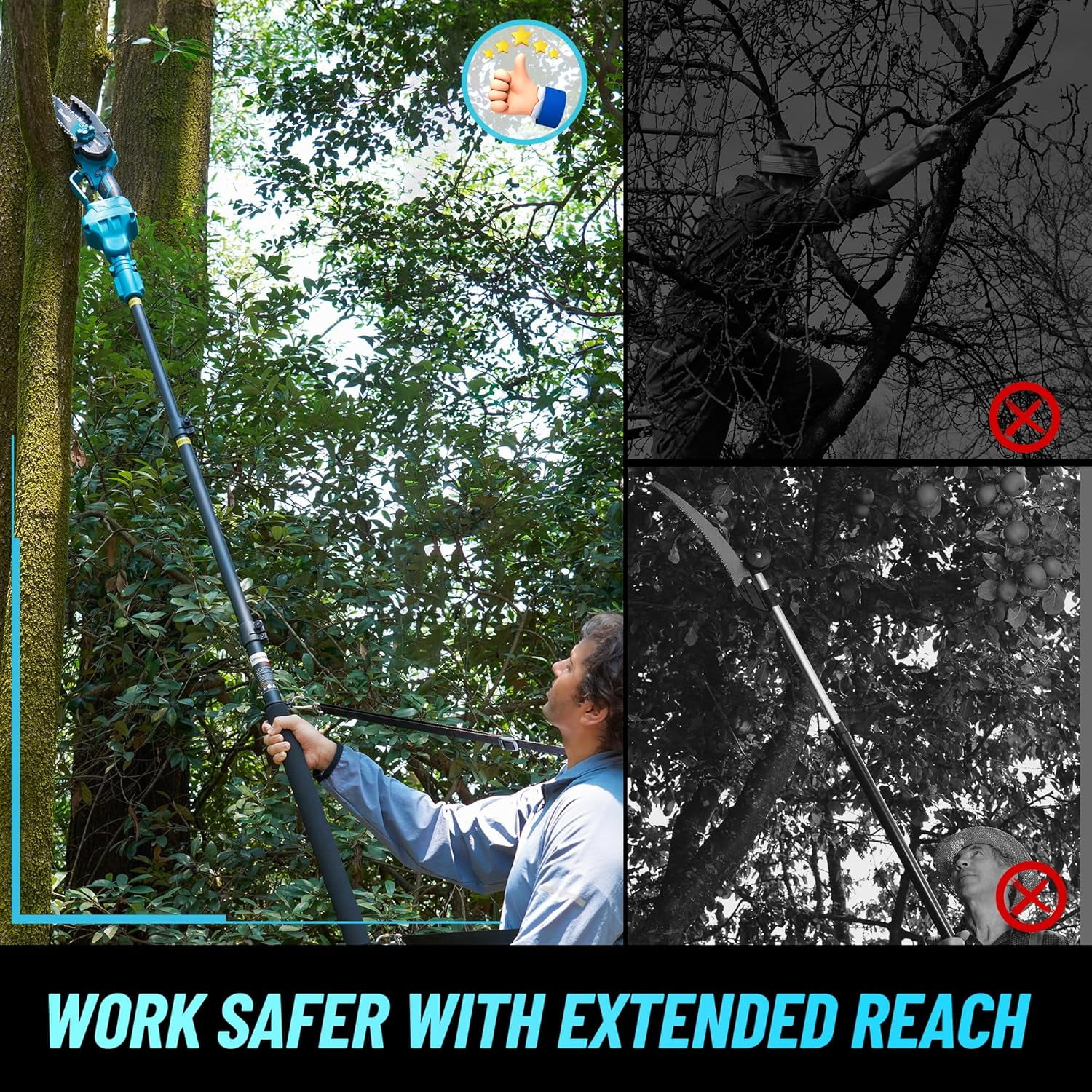 Seesii 2-in-1 Cordless Pole Saw, 6 Inch Brushless Pole Chainsaws Mini Handheld Chainsaw with 2x 4.0Ah 21V Batteries, 2x Chains, Auto Oiler, 16FT MAX Extension Pole for Tree Trimming - Image 4