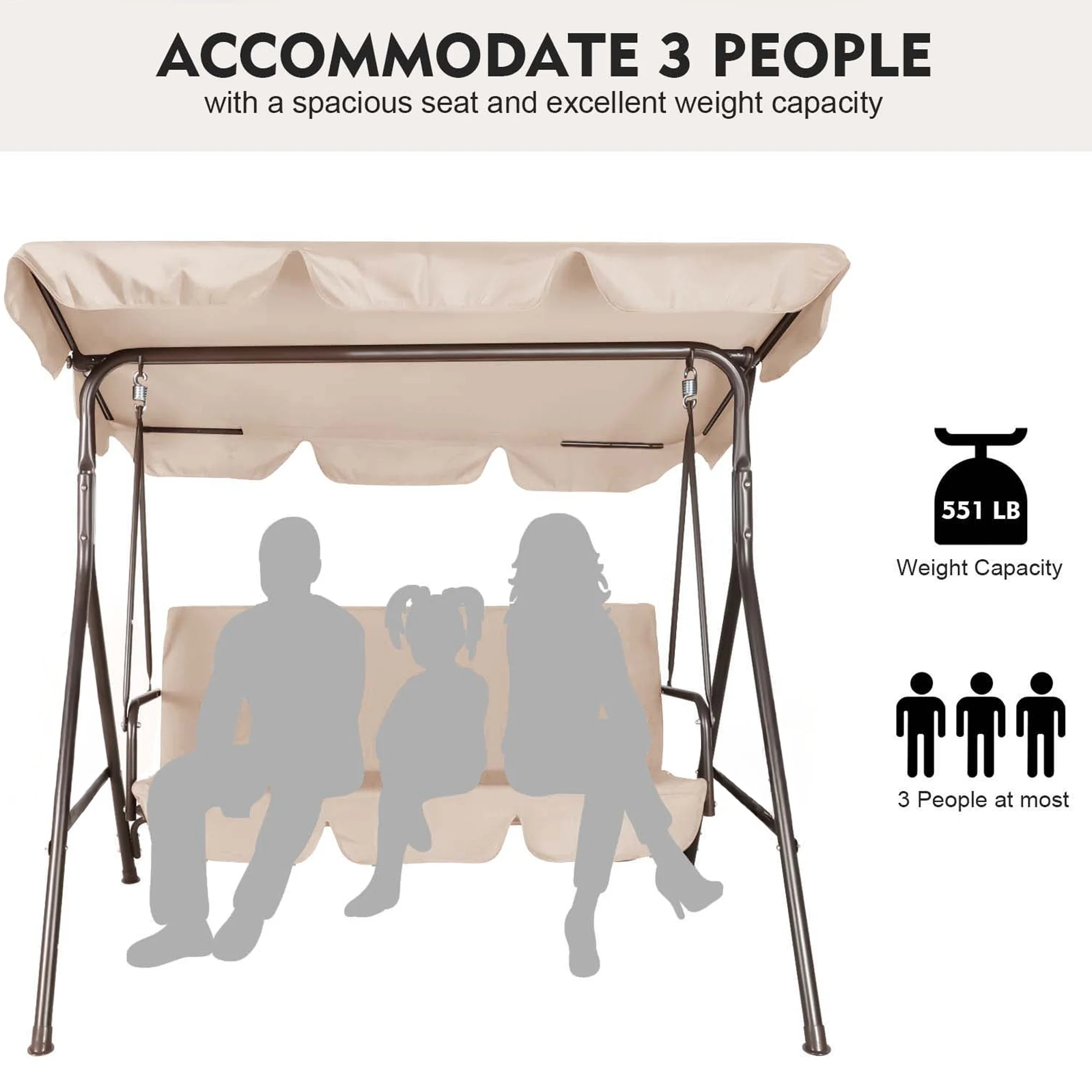 GVDV 3-Seat Steel Porch Paito Swing with Stand,Outdoor Swing Chair with Canopy,Yard swing&Outside swing,Canopy Swing-Brown - Image 16