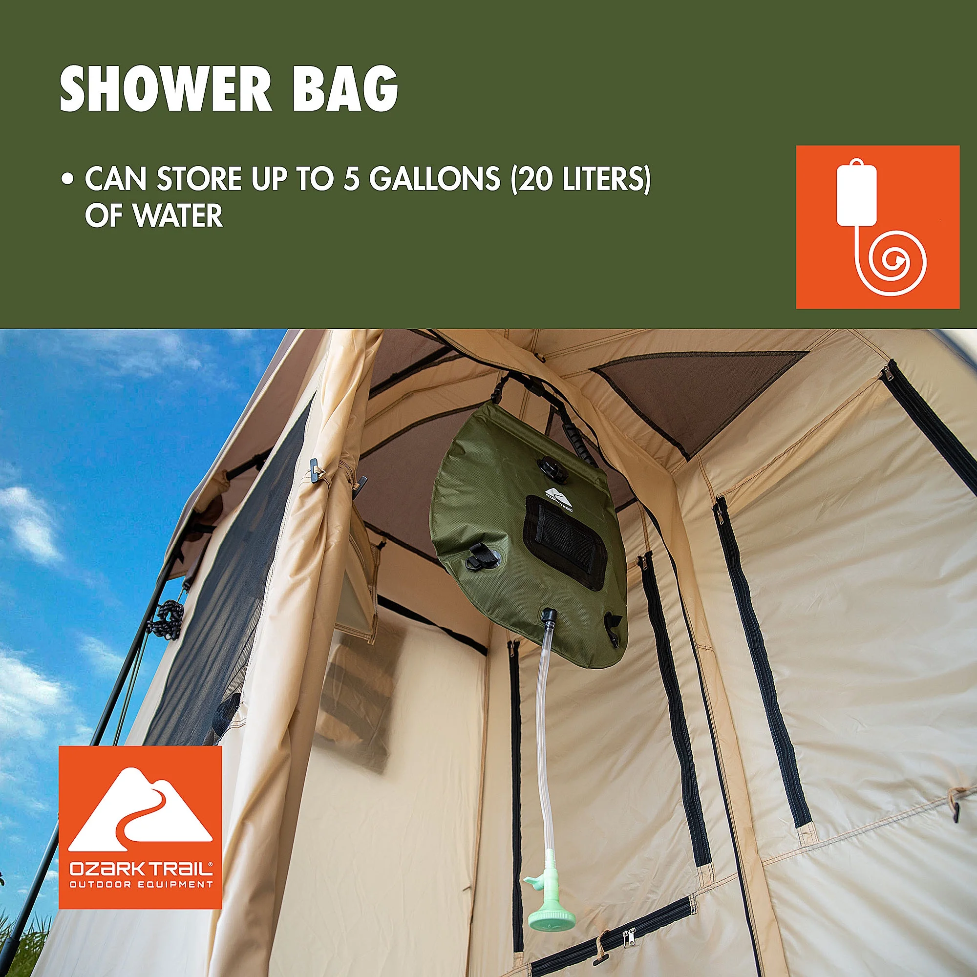 Ozark Trail 2-Room Shower & Utility Tent Combo Includes 5-Gallon Water Container, Easy Setup, Maximum Occupancy Is 2. Khaki Colour. - Image 5