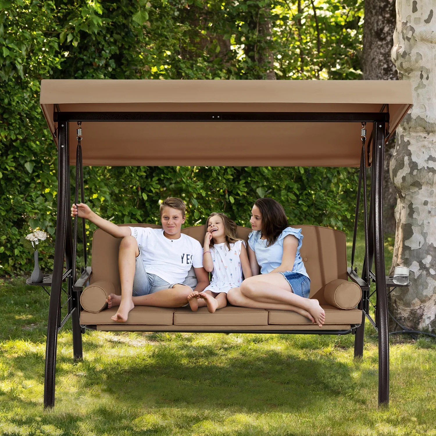 Homrest 3 Person Patio Outdoor Porch Swing with Adjustable Canopy, Backrest, Swing Bed with Stand for Garden,Deck - Image 16