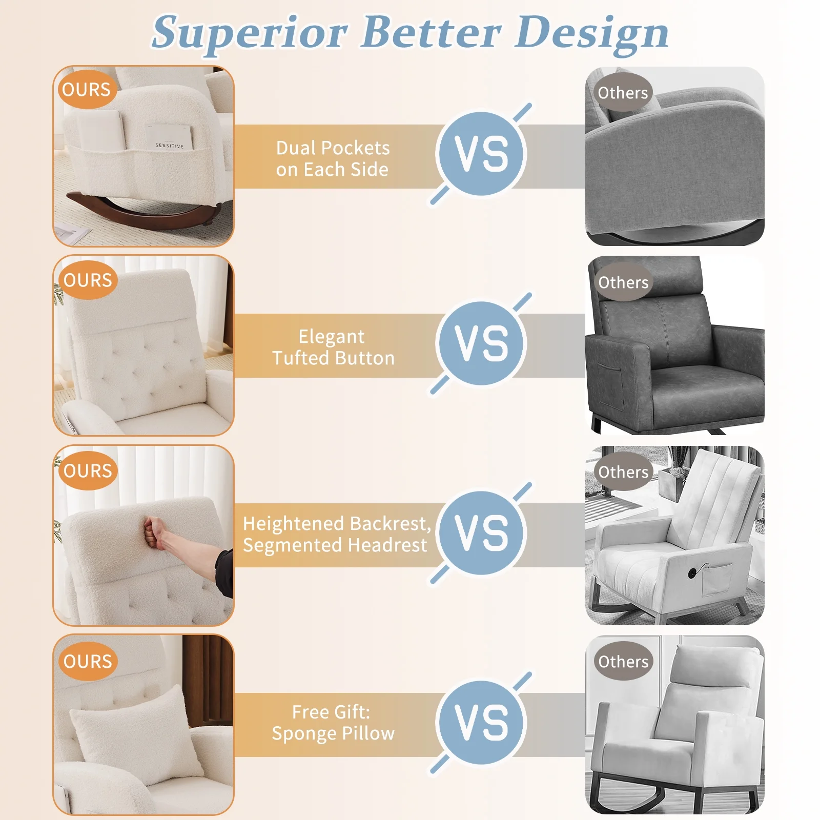 Ktaxon Rocking Accent Chair Glider Reading Chair Comfy Teddy Velvet Upholstered Single Sofa Rocker for Living Room, Nursery, Bedroom Beige - Image 6