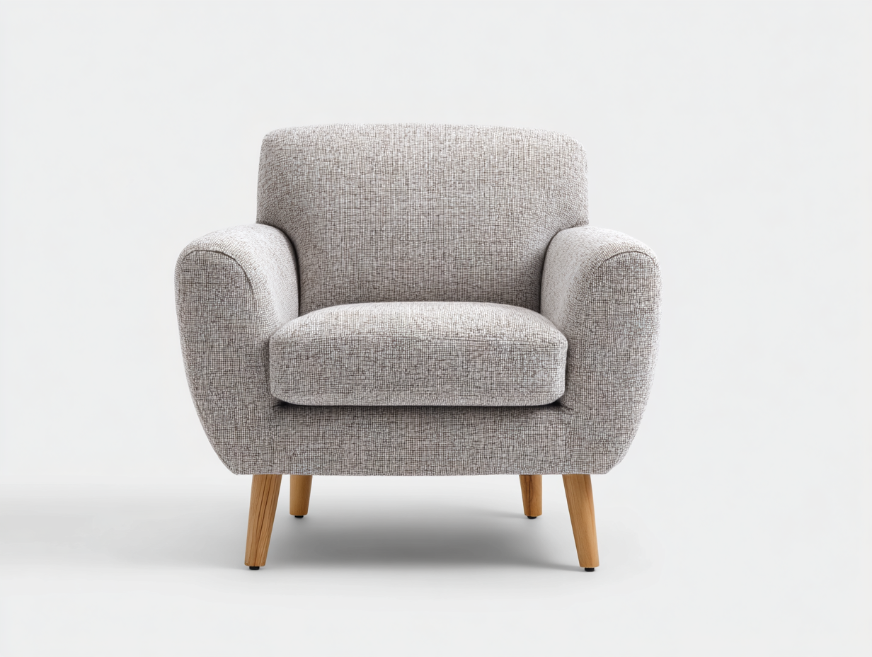 Sillón individual tapizado en tela gris 85×80×85 cm – patas de madera – estilo moderno