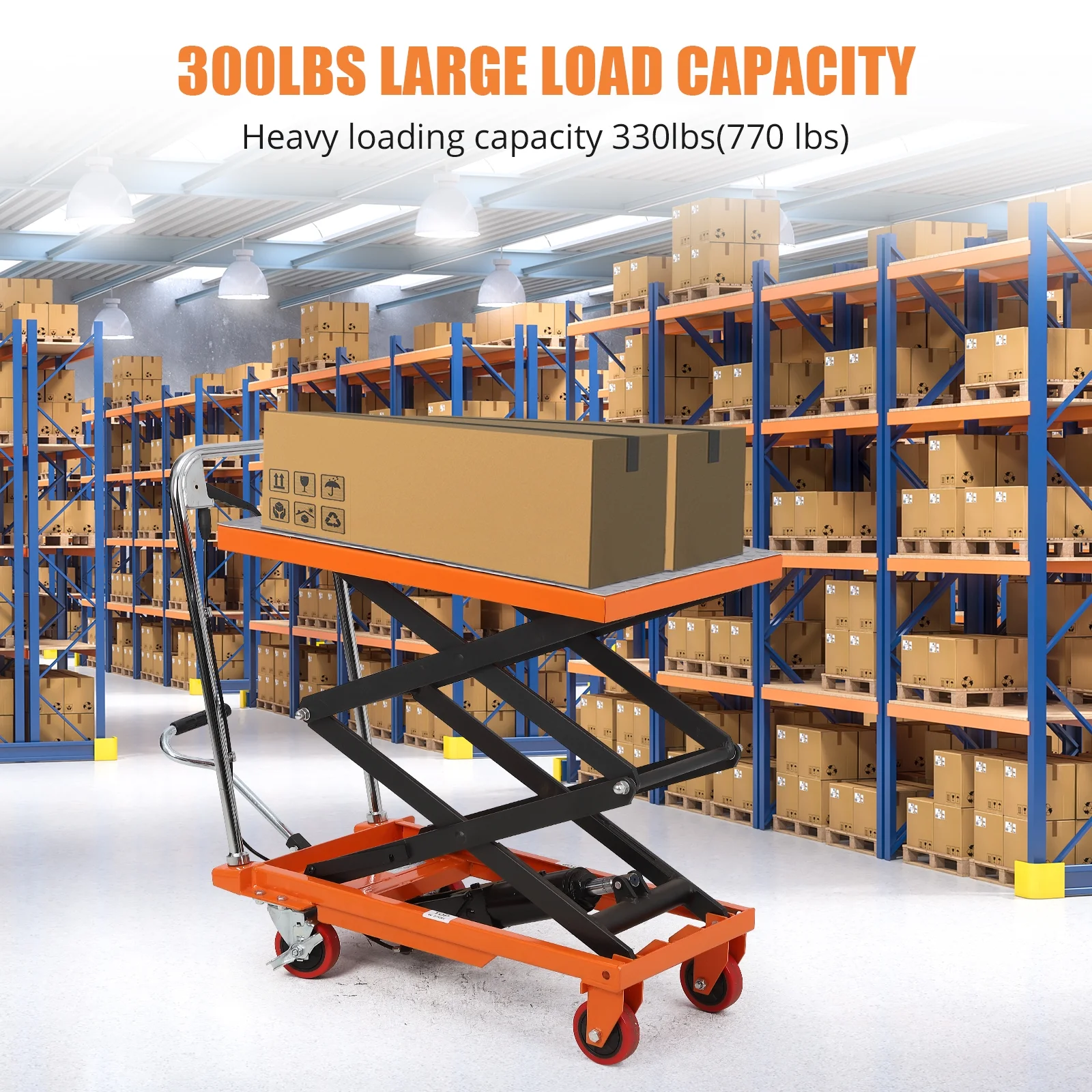 Hydraulic Lift Table Cart - 770 lbs Capacity, Adjustable Up to 59" Lifting Height, Manual Double Scissor Lift Table with 4 Wheels & 3mm Non-Slip Pads for Safe Material Handling & Transport, Orange - Image 6
