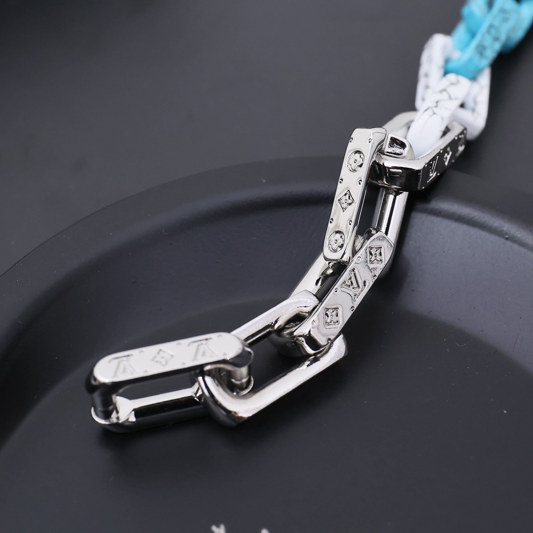 Louis Vuitton Silver Blue Black Colors Monogram Mens Bracelet - Original Replica Club