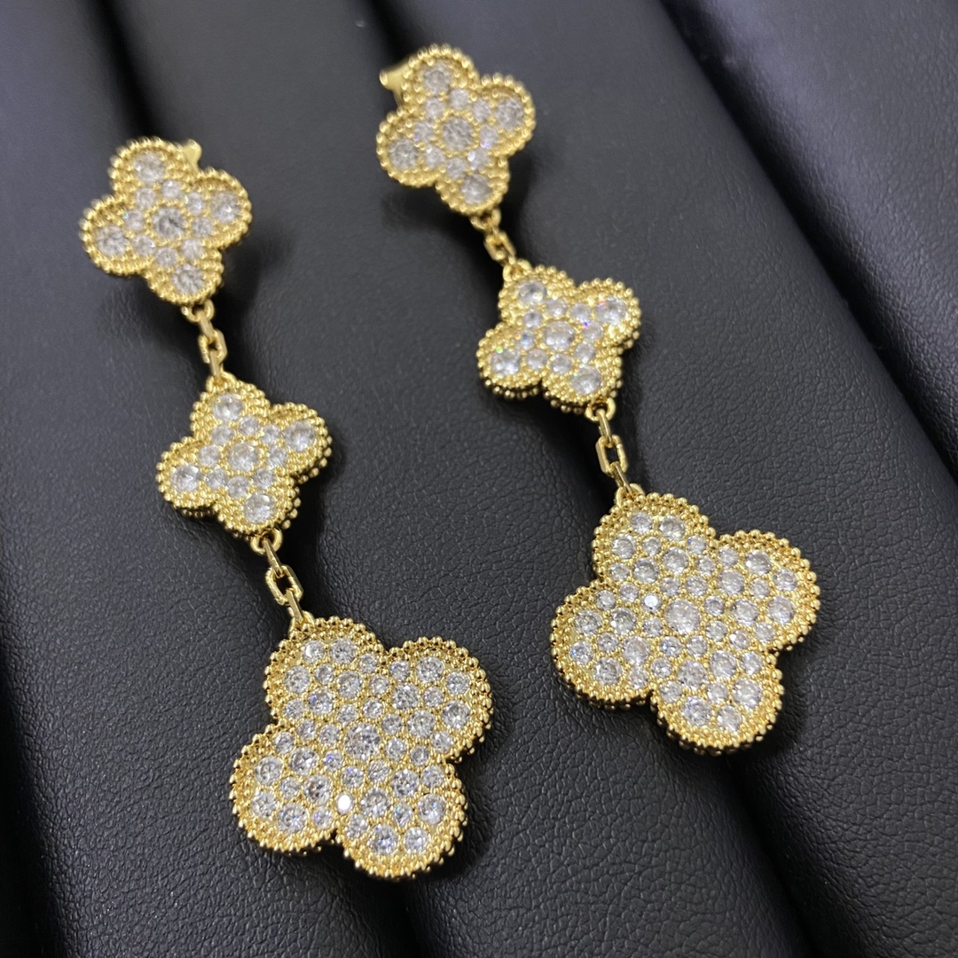 VCA Paved Full Diamond Long Clover Earrings - Original Replica Club