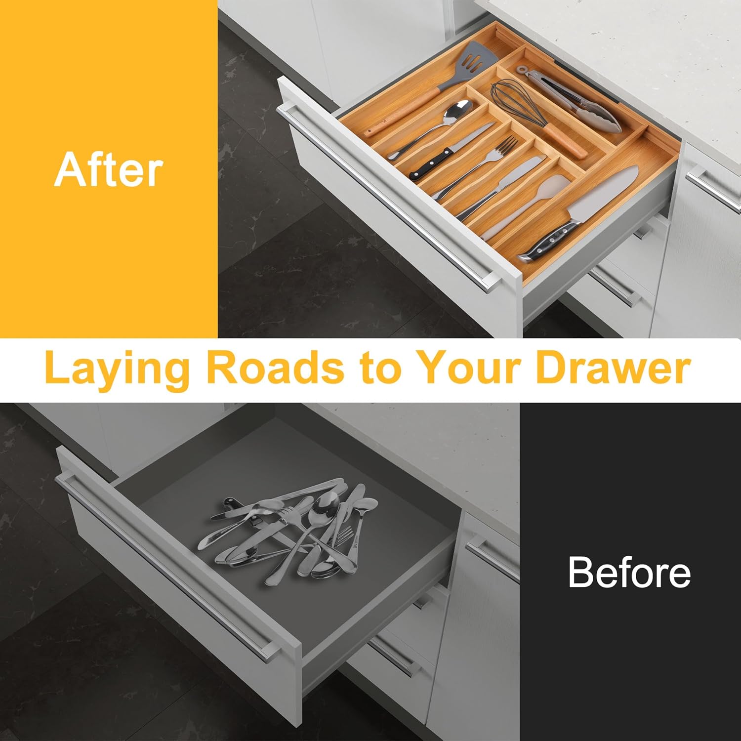 Large Premium Bamboo Silverware Organizer - Expandable Drawer Organizer & Utensil Organizer - 17