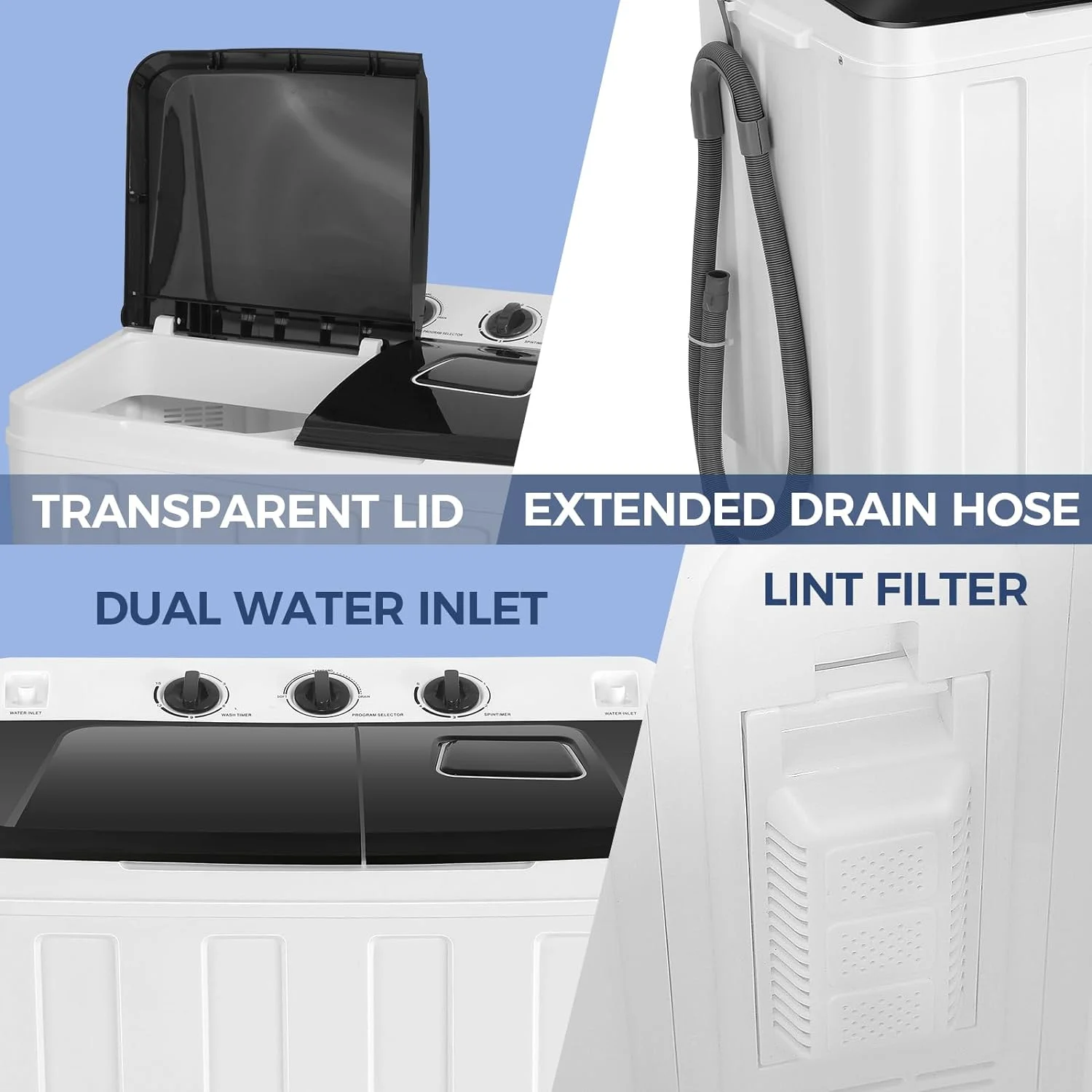 Qhomic Portable Washer 30lbs, 2-in-1 Twin Tub Washer & Dryer Combo Compact Semi-Automatic Washing Machine with Drain Pump, Black - Image 9