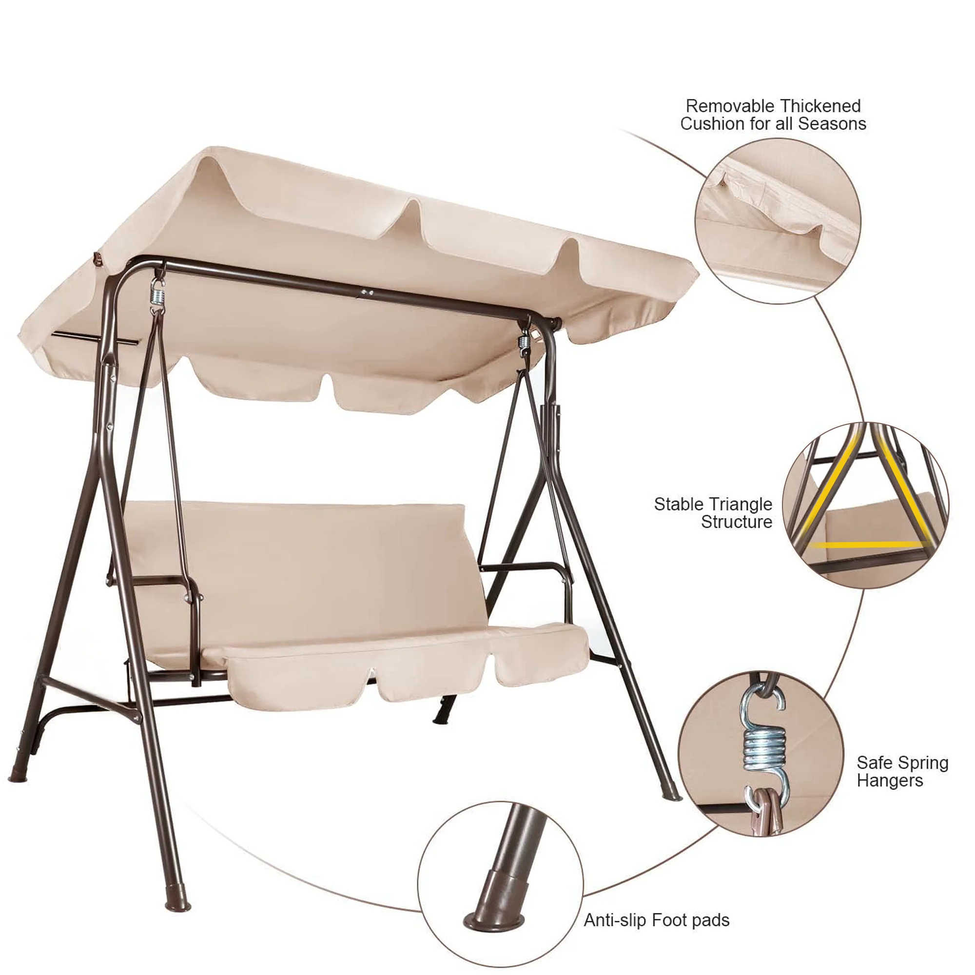 GVDV 3-Seat Steel Porch Paito Swing with Stand,Outdoor Swing Chair with Canopy,Yard swing&Outside swing,Canopy Swing-Brown - Image 15