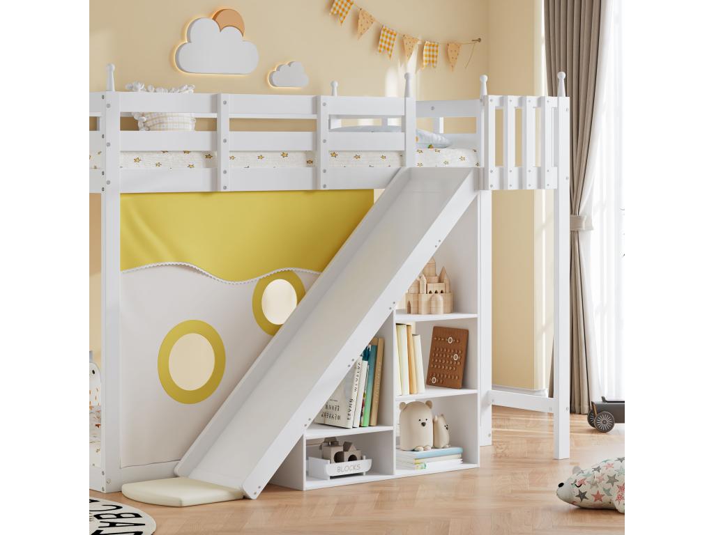 Cama superpuesta para niños con escalera y barandilla, caballetes de cama, tobogán y bandolera, blanco (90x200 cm)