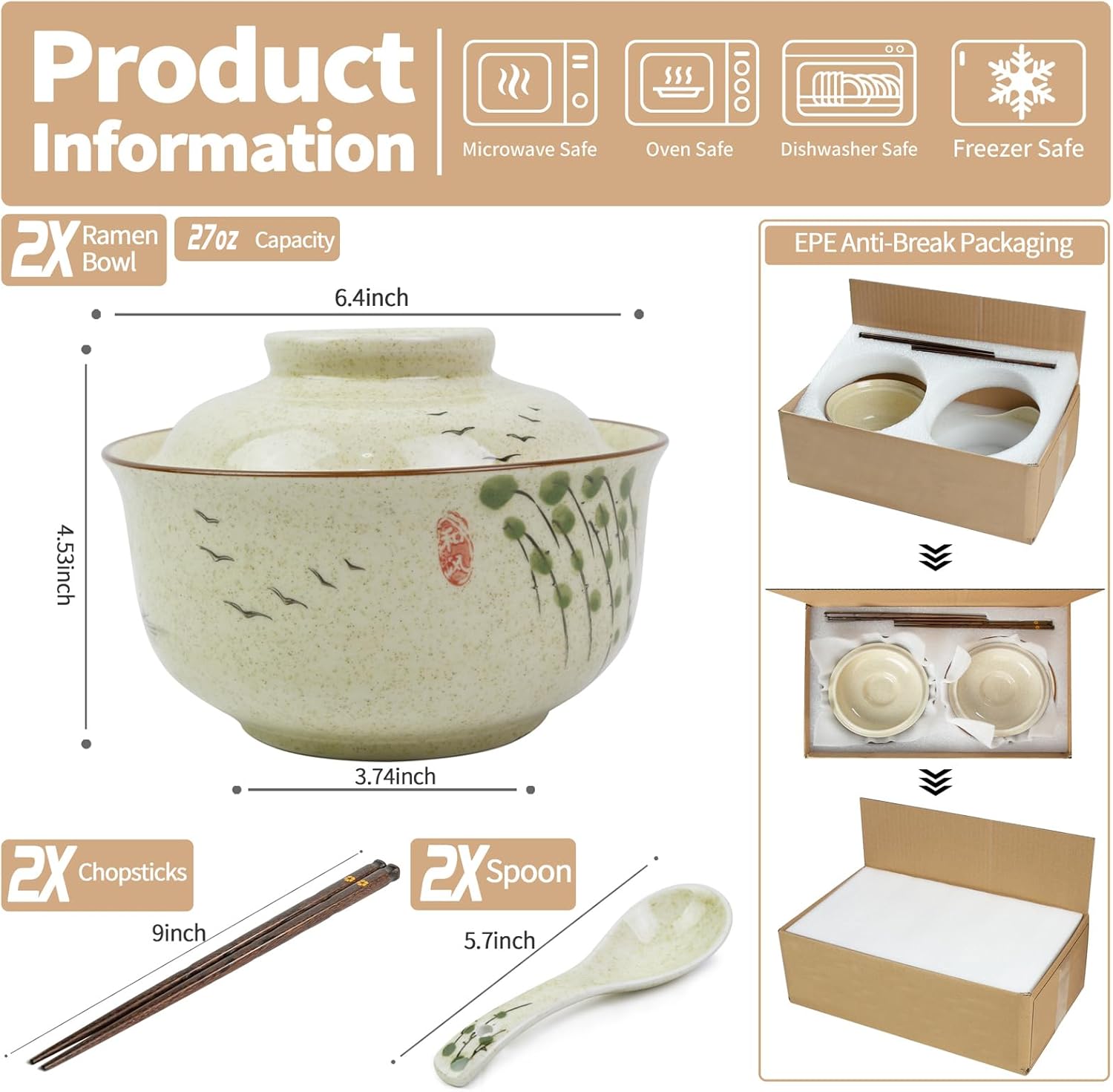 Ceramic Ramen Bowl Set of 2, Ramen Noodle Bowl with Lid 27oz Japanese Retro Style Soup, Pho, Udon Bowls, Matching Spoons and Chopsticks for Microwave & Dishwasher Safe, Twig