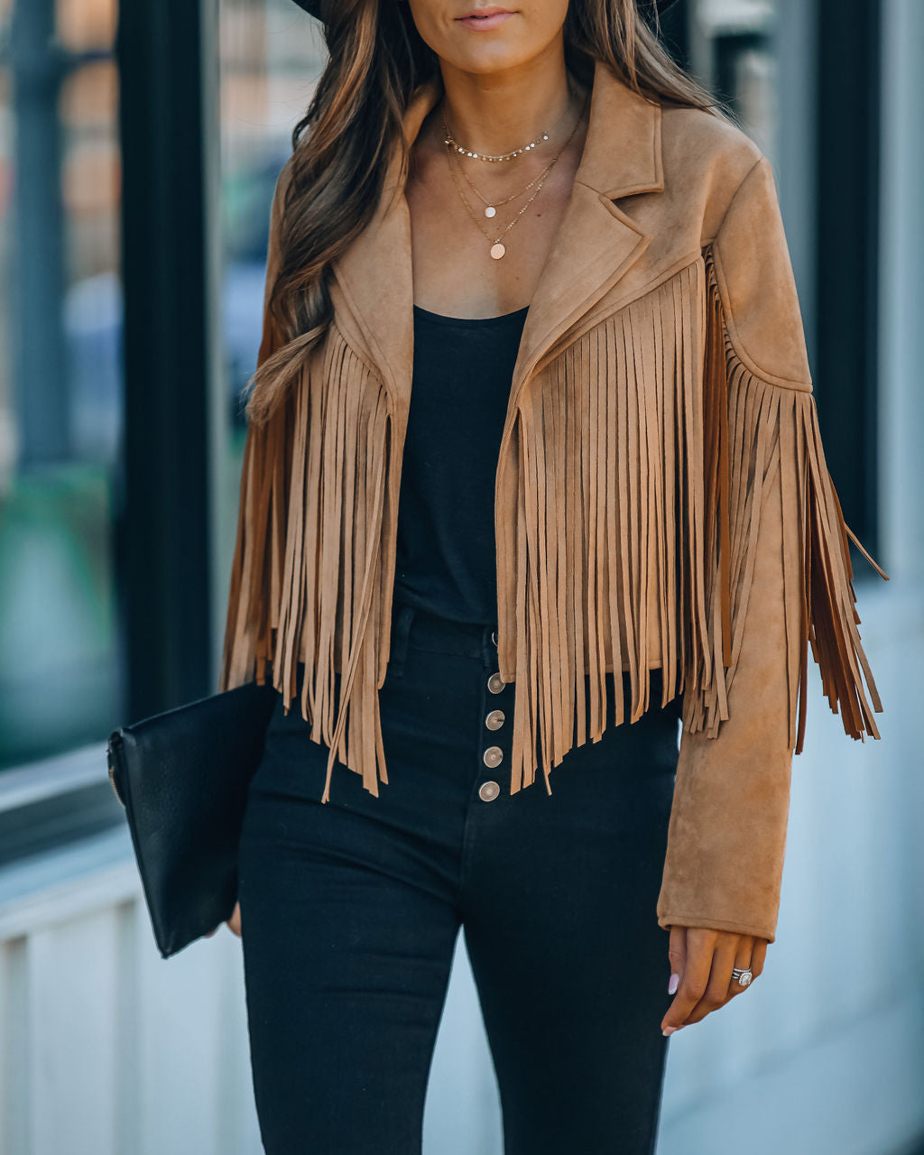 Walford Cropped Fringe Faux Suede Jacket - Camel - Se7enfashion