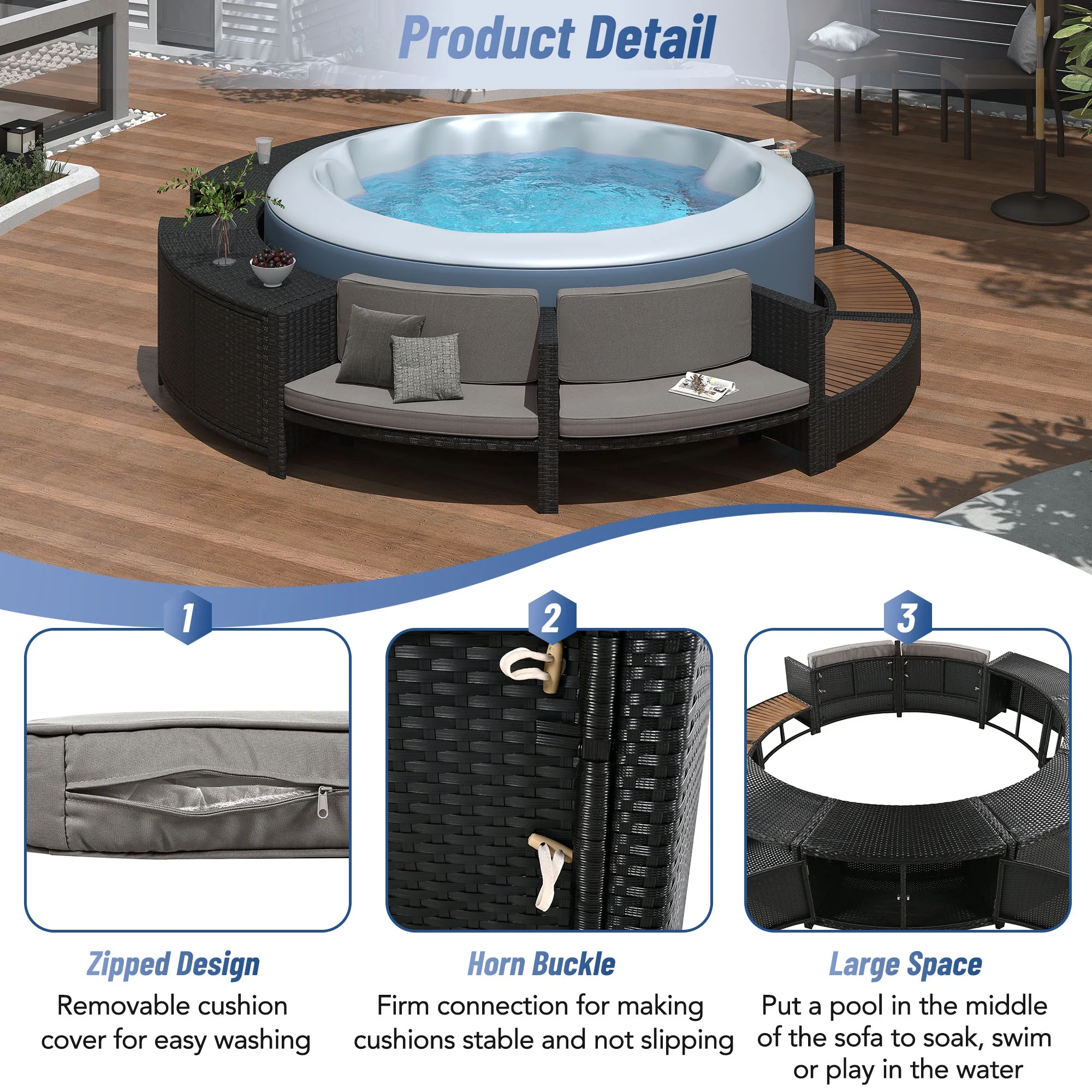 Round Hot Tub Surround Furniture, Spa Surround Outdoor Rattan Sectional Sofa Set with Mini Sofa, Solid Acacia Wood Hot Tub Storage Surround Patio Furniture Set, Gray Cushion - Image 6