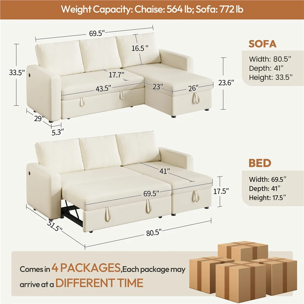 Alden Design Reversible Sectional Sofa with USB & Type-C Ports for Livingroom, Light Gray - Image 37