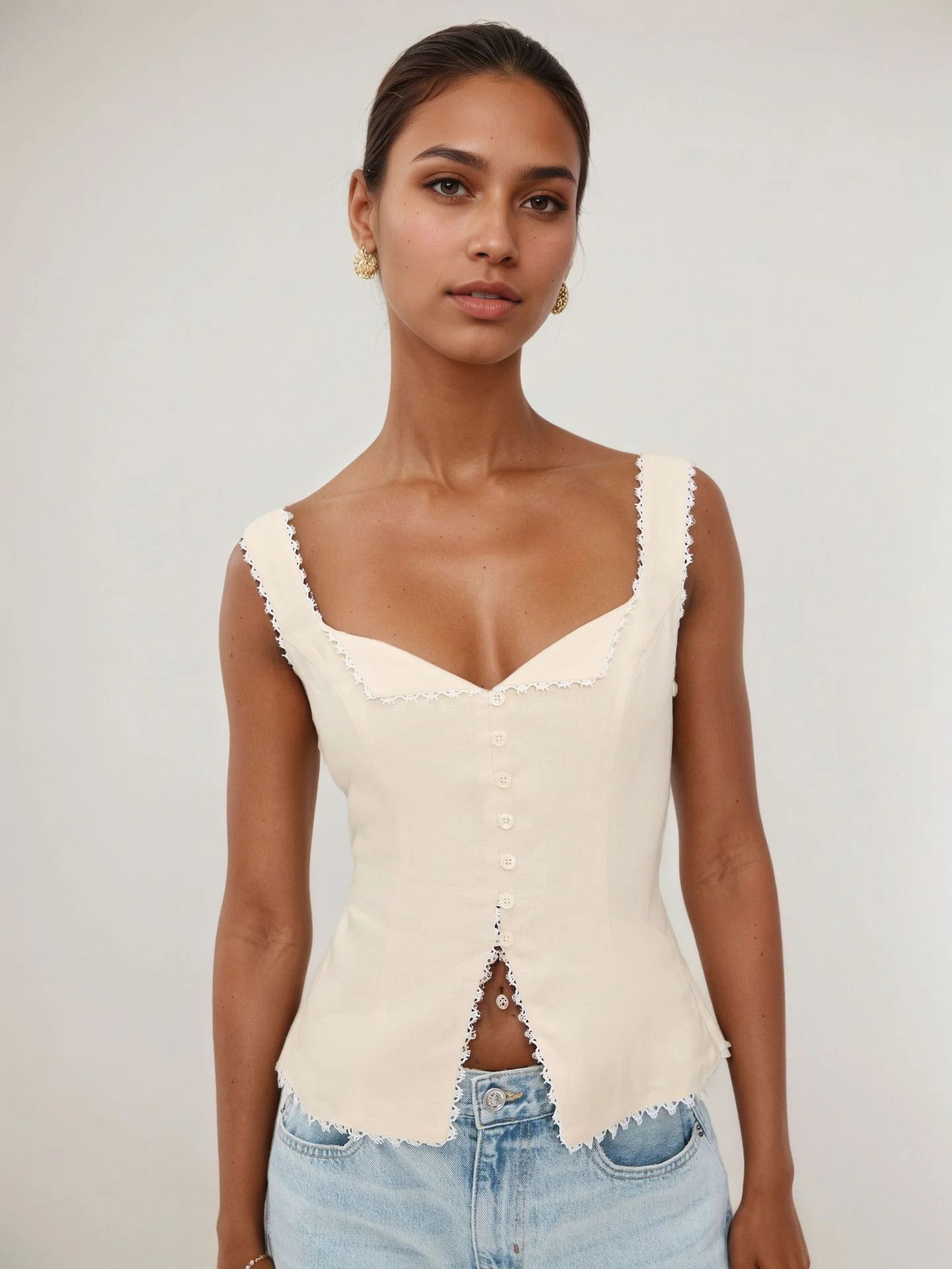 Women's French retro cotton and linen lace splicing fashion breasted suspenders solid color sleeveless vest top summer - Se7enfashion